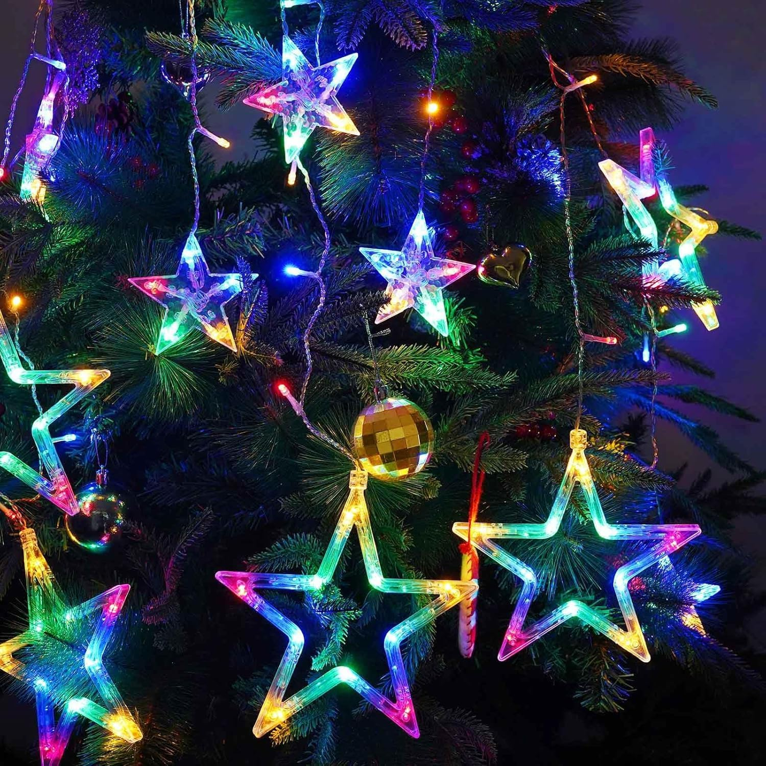 Curtain Fairy Lights 3.5M/11.5FT 138 Leds 12 Stars Battery Operated Christmas Lights 8 Mode Outdoor Indoor Waterfall Backdrop for Bedroom Wedding Party Wall Decor image number 2