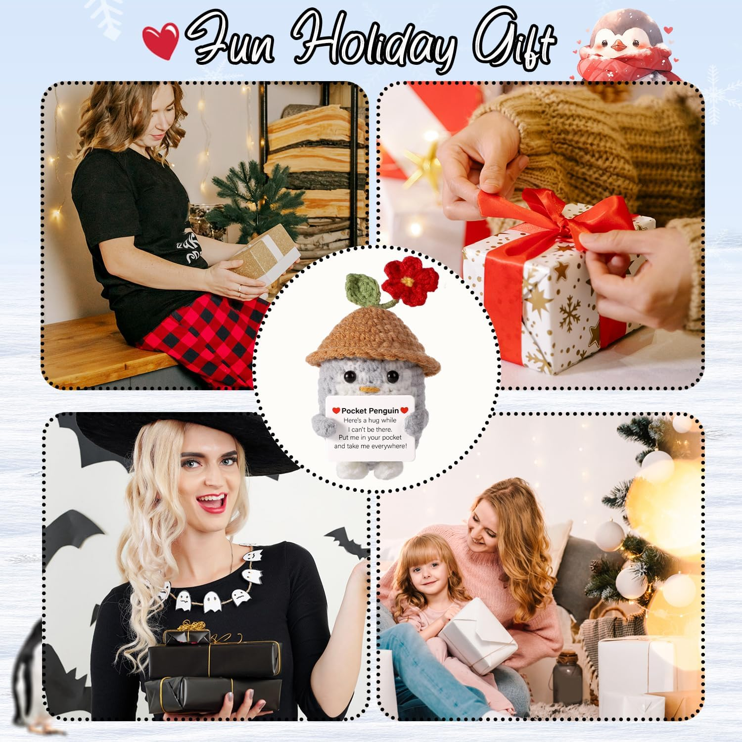 Lasuroa Funny Positive Penguin, 10 Cm Cute Knitted Penguin Toy with Card, Positive Potatoes, Creative Crochet Penguin with Hat for Families, Friends, Encouragement Gift image number 3