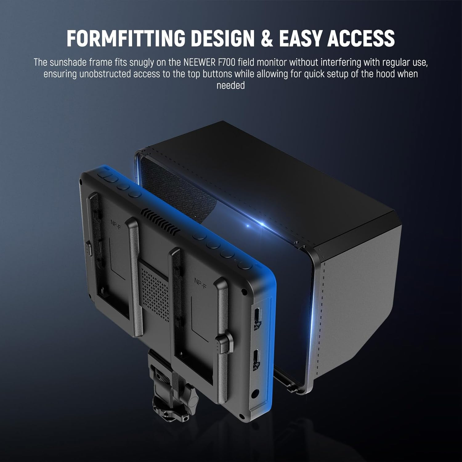 NEEWER Monitor Sunshade Hood for NEEWER F700 Camera Field Monitor, Three Sided Sun Hood & Formfitting Frame, Easy Button Access, Hook & Hook Attached, MA007