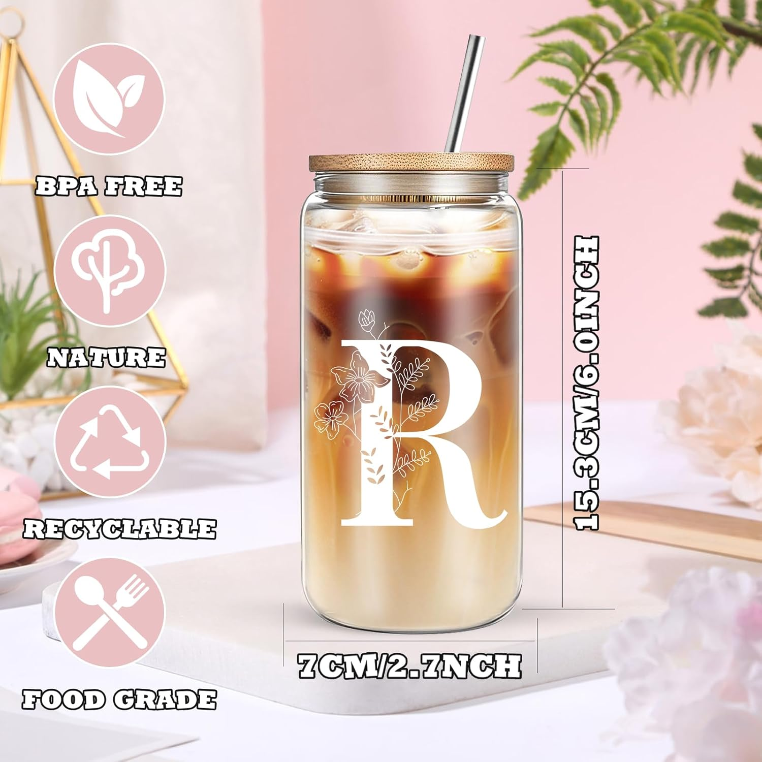 DHQH Personalized Initial Glass Cup with Lids and Straws, Monogrammed Gifts Box Included Ice Coffee Cup Makeup Bag for Her, Christmas Birthday Gifts for Women, R image number 4