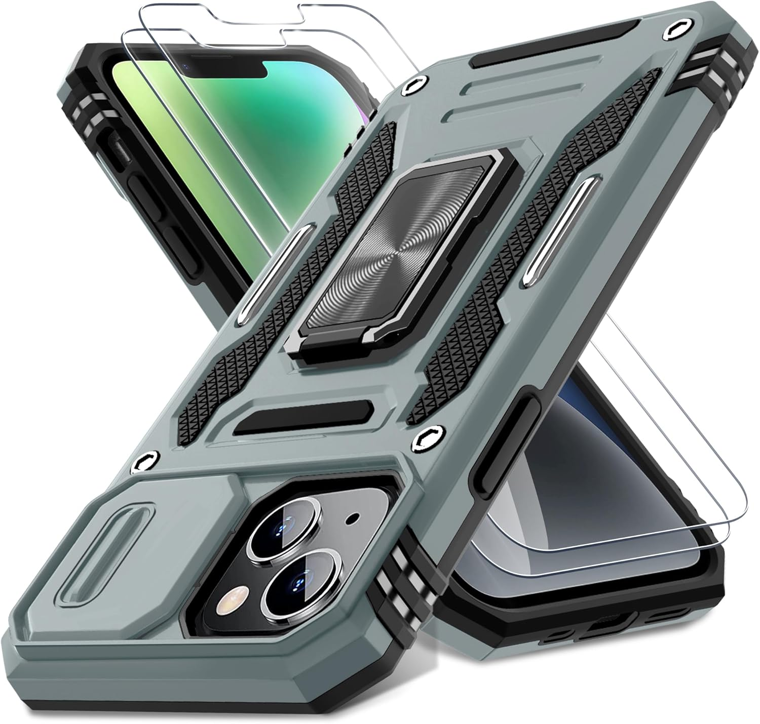 DEERLAMN Case for Iphone 13/Iphone 14 6.1-Inch with Slide Camera Cover+Screen Protector(2 Packs),Rotated Ring Kickstand Military Grade Shockproof Protective Cover-Navy Blue