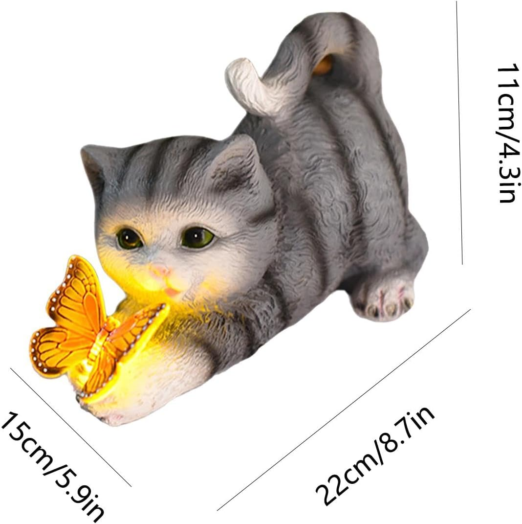 Solar Cat Statue | Cat Outdoor Solar Sculpture,Solar Garden Statue Cat Figurine, Resin Kitten Statue Playing Butterfly for Patio, Lawn, Yard Art Decoration image number 4