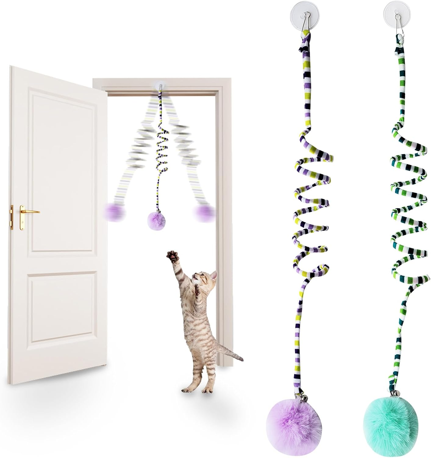 Andiker Cat Spring Toy, Self-Play Stretchy Door Hanging Cat Toy with Bell, Soft Plush Ball with Spring Kitten Toy for Exercise (Green + Purple) image number 2