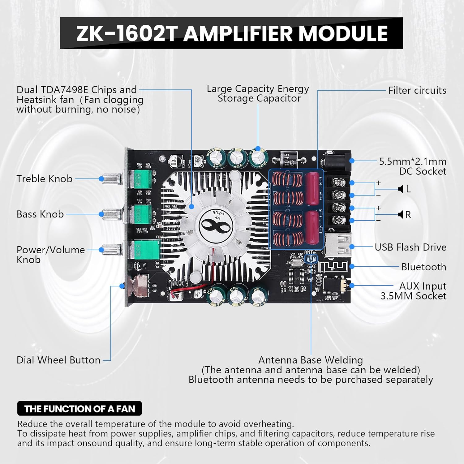 Audio Amplifier Board, ZK-1602T Bluetooth Power Amp for Home Speakers 2.0 Channel 160W+160W Stereo Mini Amplifier Module TDA7498E Chip W/TB, USB, AUX, DC 15-36V image number 1