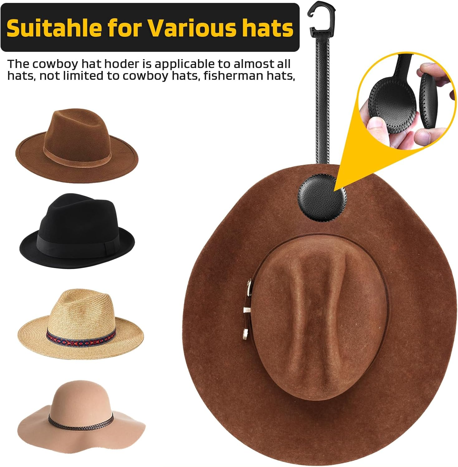 Cowboy Hat Holder for Truck, Magnetic Hat Clip Leather Hat Rack for Car, Headrest Hat Hanger Vehicle Hat Organizer Accessories - Keep Hat Shape, Black, 1 Pack image number 2