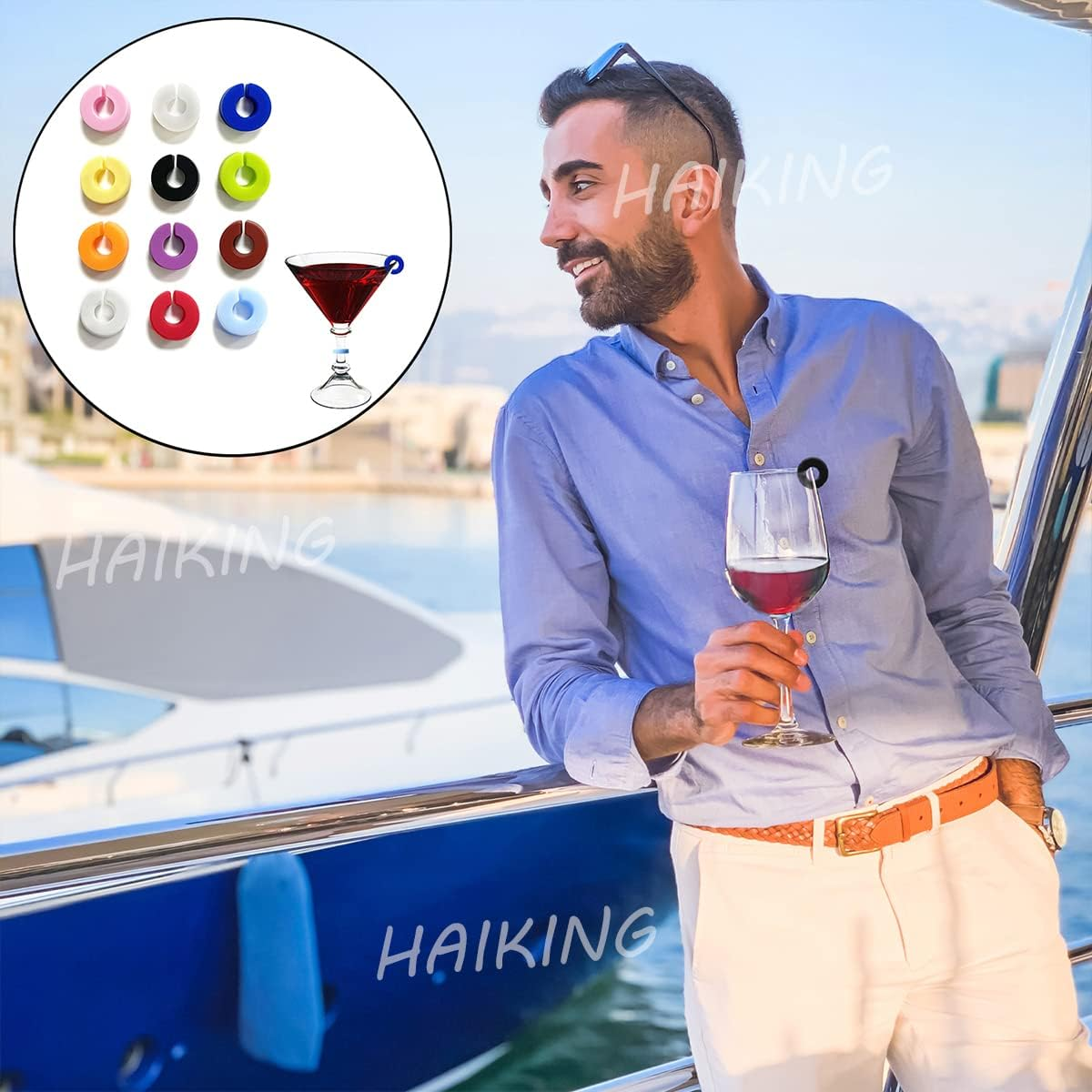 HAIKING Silicone Wine Glass Charms Markers, 12 Pieces Drink Markers for Glasses for Cocktails, Champagne, Martinis, Wine Glasses (12 Colors) image number 3