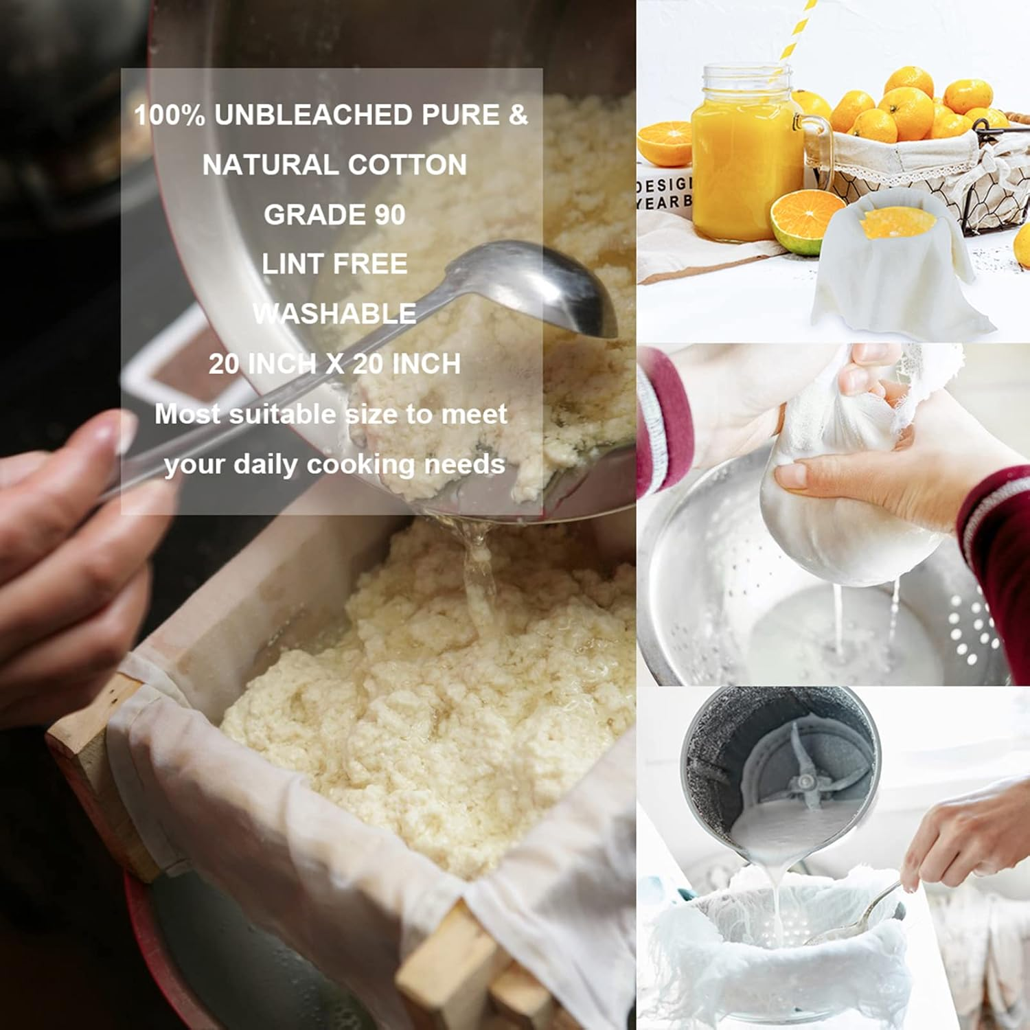 Cheesecloth Grade 90 20X20Inch Hemmed 100% Unbleached Cotton Reusable Ultra Fine Cheese Cloths for Straining Cooking Brewing Coffee Tea Cheesemaking and Baking as Strainer Filter - 50X50Cm2Pcs image number 5