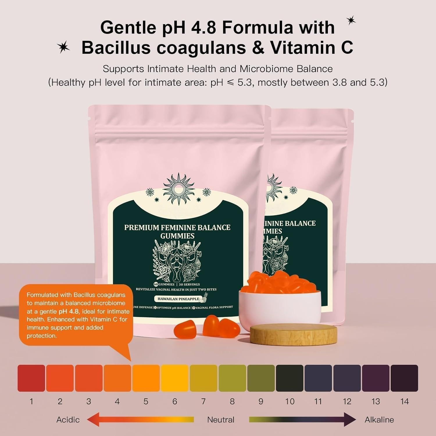 Feminine Balance Gummies &ndash; Vaginal Probiotics & Probiotics for Women &ndash; Vegan, Low Sugar, Gluten-Free &ndash; Pineapple Flavor &ndash; 60 Gummie image number 4