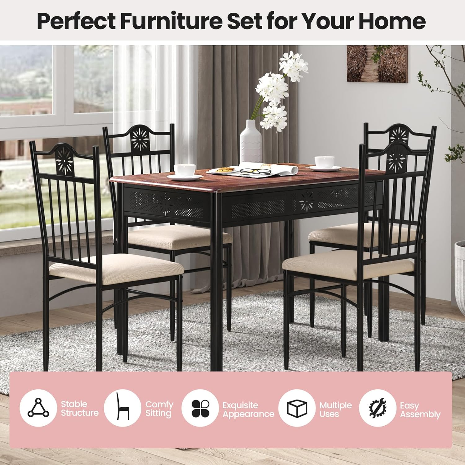 Giantex 5 Pieces Dining Table Set, Modern Kitchen Table Set for 4 Person, Rectangular Table W/ 4 Upholstered Chairs, Bistro Table Set for Home, Coffee Shop & Restaurant, Black image number 2