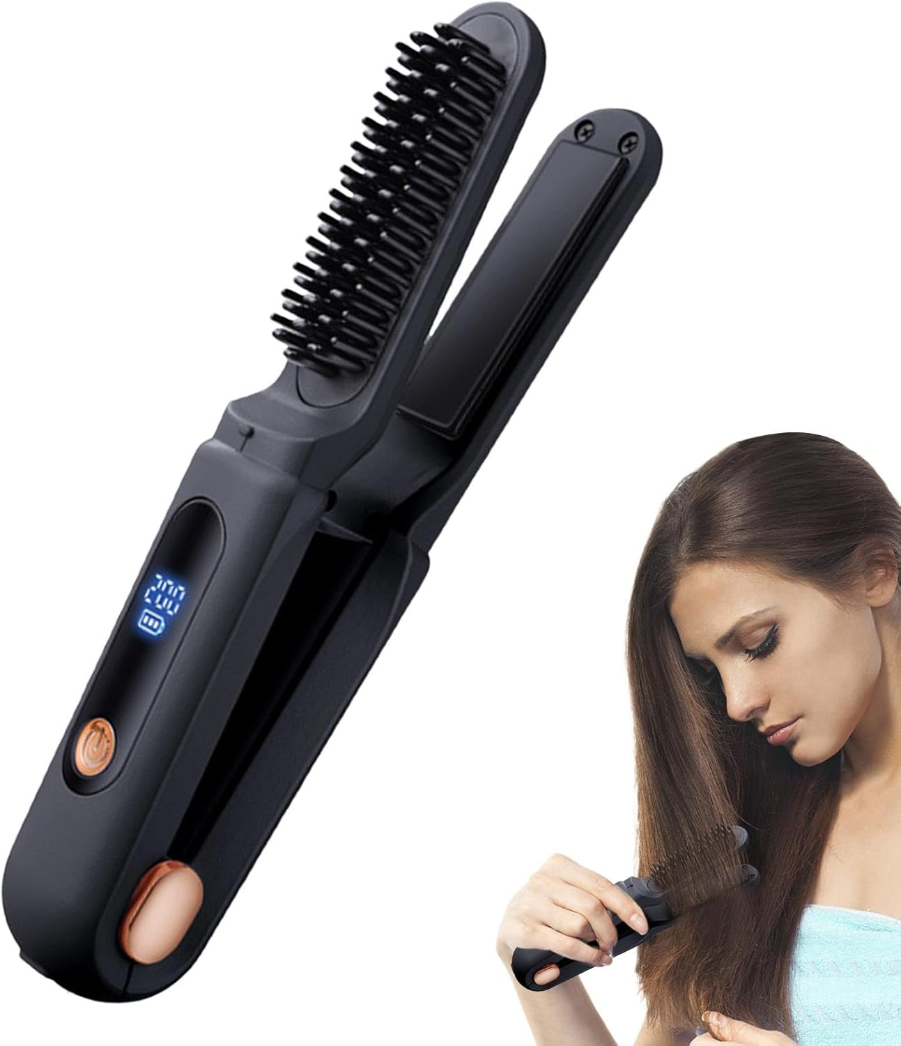 Hair Straightener Brush Cordless | Travel Flat Iron for Hair | Portable Straightening Brush for Women, Negative Ion Straightener Comb, 2-In-1 Curling Iron Brush