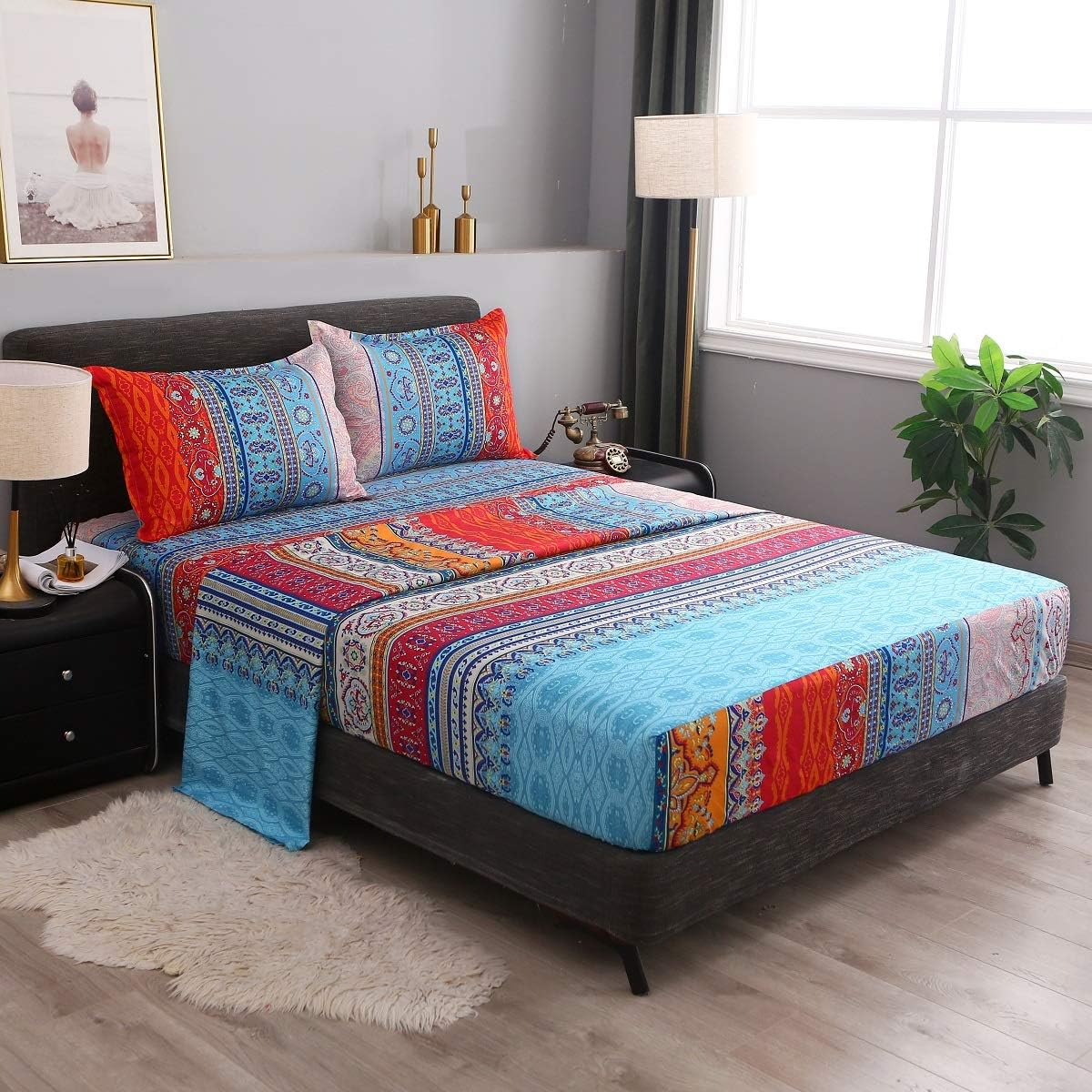 Pangzi Bohemian Retro Bedding Sheet Set,Boho Sheets-Colorful 1 Fitted Sheet, 1 Flat, 2 Pillow Cases - 4 Piece (Queen, Red)