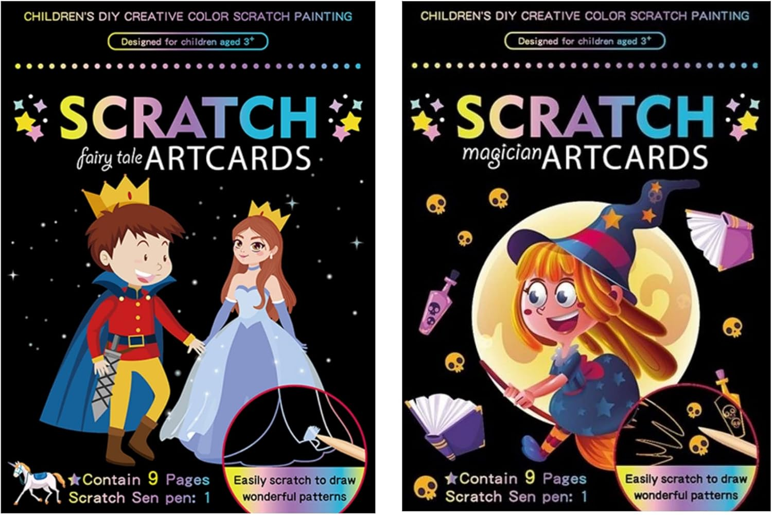 Scratch Picture Set for Children: 9 Scratching Motifs with Great Colour Effects, Various Themes Such as Animal World, Unicorns, Pirates, Dinosaurs, Mermaids (Fairy Tale and Wizardess) image number 2