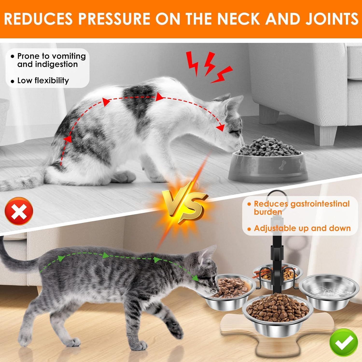 Elevated Cat Bowls with Stand, 3 Height Adjustable Cat Food Bowl, Detachable Pet Feeding Station​ Rack, Portable Pet Bowl Bracket for Small Medium Dog image number 1