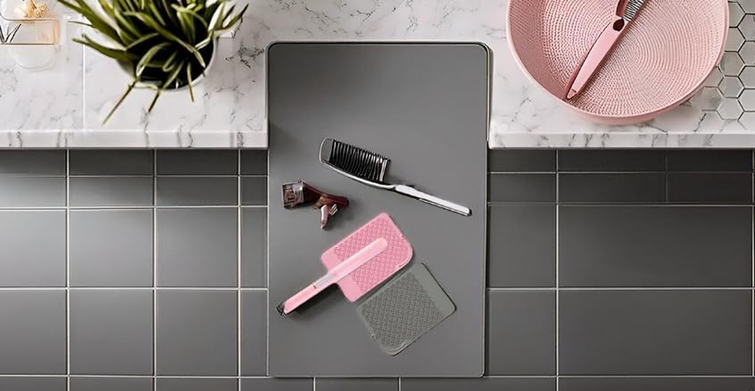 2 PCS Grey and Pink, Silione Heat Resistant Mat for Hair Straightener, Curling Irons, Flat Irons and Hair Styling Tools 8.27" X 6.1", at Travel and Home, Portable image number 1