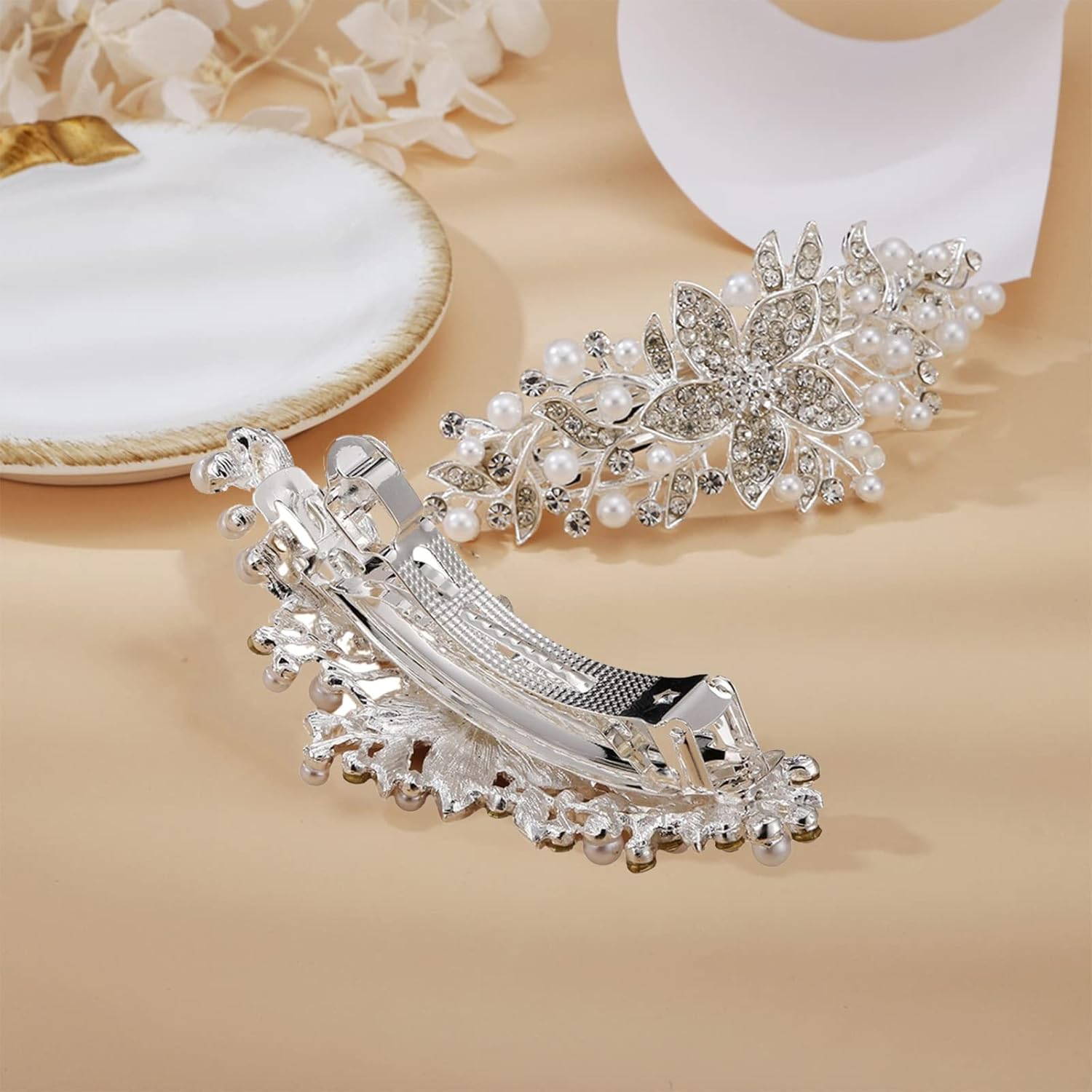 Rhinestone Pearl Hair Clips,3Pcs Antique Crystal Barrette Silver Flower Leafy Pins Elegant Jewelry Hair Decorations Accessories Head Pieces for Women Bridal Wedding Party Gift image number 6
