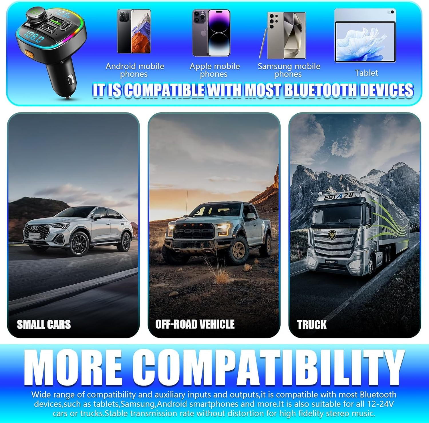 FM Transmitter,Bluetooth 5.4 FM Transmitter Car Adapter,48W （PD 36W & 12W） Fast Charger, 7+1Color LED Light, Hands-Free Calling, Bass Boost Hi-Fi Sound, Support U Disk/Tf Card & Voice Assistant(Usb image number 2