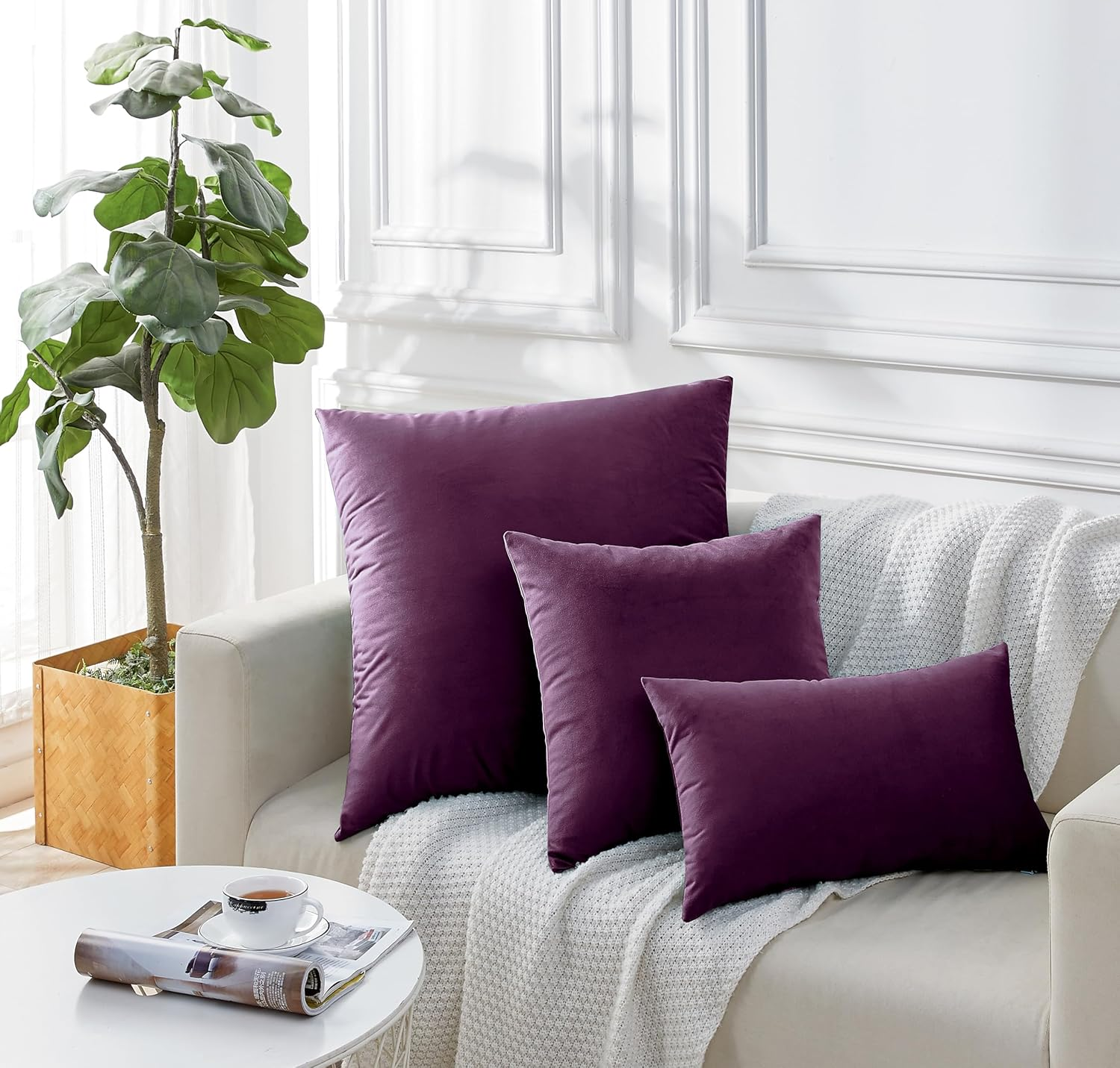 Gioia Casa Velvet Cushion Covers 45X45Cm Set of 2 &ndash; Soft Microfibre Throw Pillow Cases with Hidden Zipper &ndash; Square Decorative Cushion Covers for Couch, Bed, Sofa - Twin Pack (Plum) image number 7