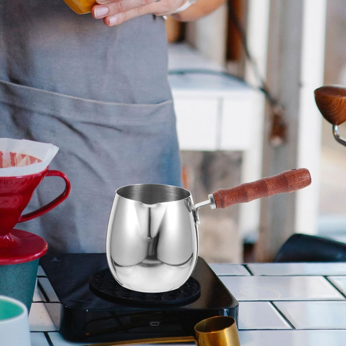 GALPADA Stainless Steel Milk Frothing Pitcher 6000Ml with Wood Handle Espresso Milk Jug for Latte Art Coffee Frother Cup Suitable for Barista and Home Use image number 6