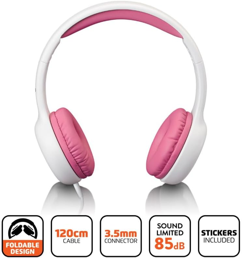 Lenco HP-010 Headphones for Children - Volume Limiting to 85Db - Soft Ear Parts - 120 Cm Cable - with Stickers - White/Pink image number 2