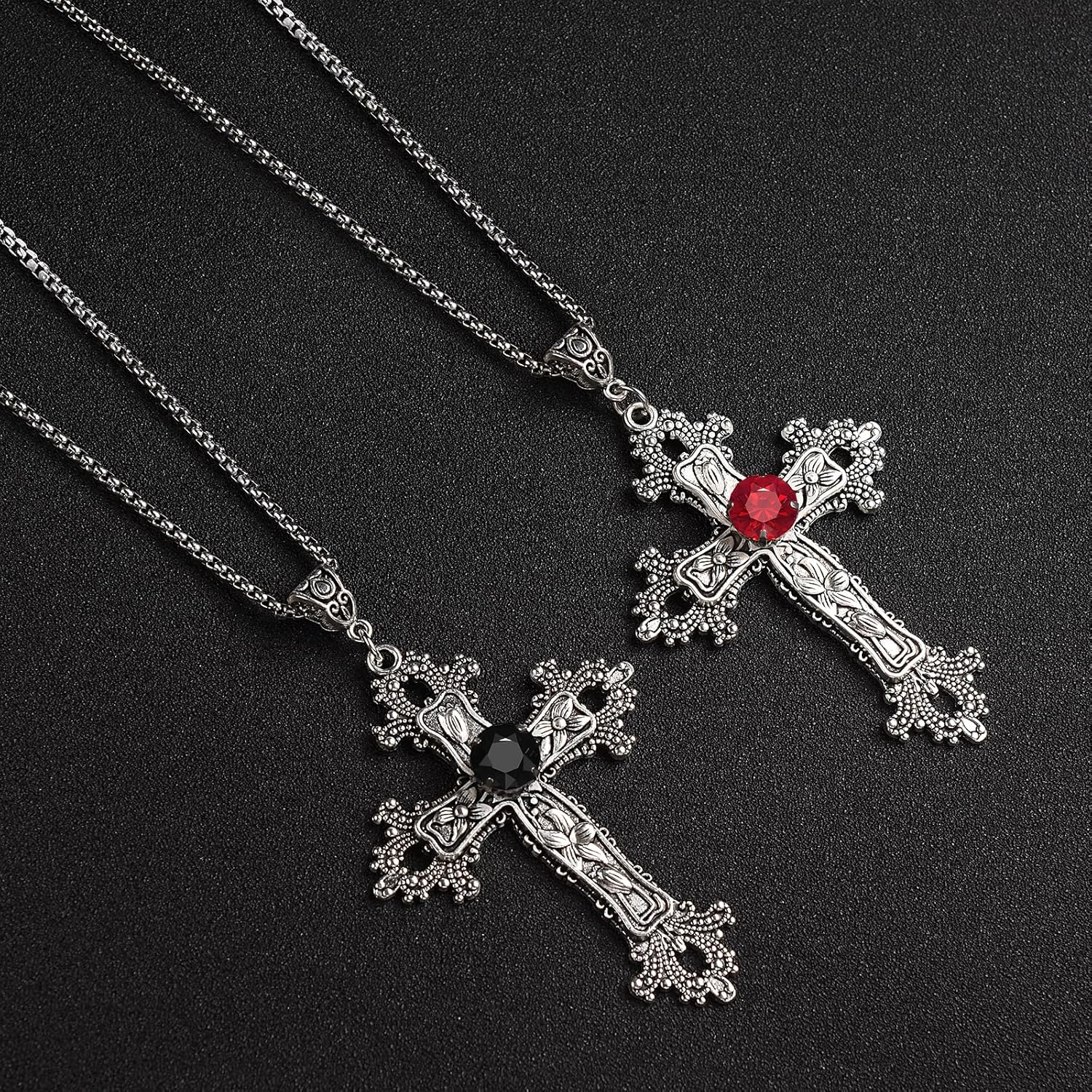 SHUS LIVE Gothic Cross Necklace Silver-Tone Pendant with Glass Stone, on 25&rdquo; Steel Chain, Cross Necklace for Women, Large Goth Silver Cross Necklaces for Man, Big Y2K Necklaces, Halloween Jewelry image number 2