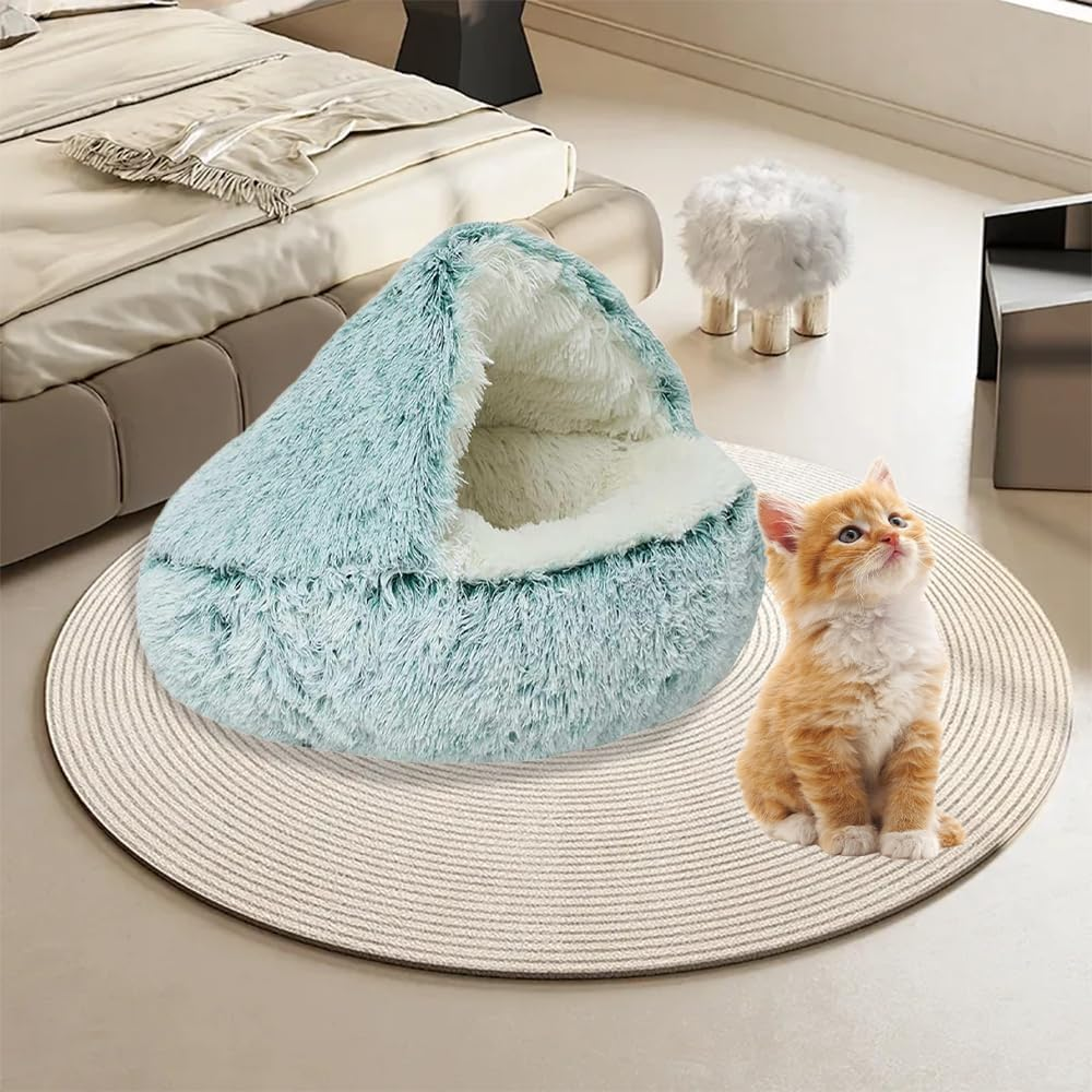 Cat Bed round Plush Fluffy Hooded Cat Bed Cave, Cozy for Indoor Cats or Small Dog Beds, Soothing Pet Beds Doughnut Calm Anti-Nxiety Dog Bed - Waterproof Bottom Washable, 20 Inches (Green, 60 Cm) image number 1