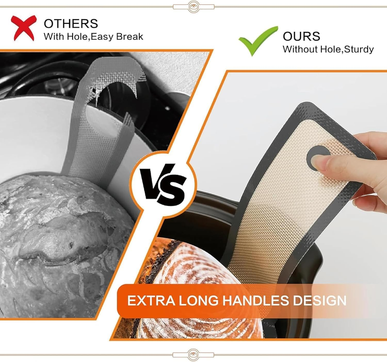 Silicone Bread Sling for Dutch Oven | Non-Stick & Heat Resistant (500&deg;F) | 2Pcs Oval & round + 3-Piece Cutter Set & Brush | Reusable Sourdough Baking Mat with Long Handles image number 4