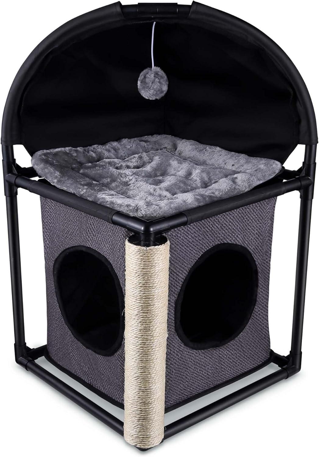 Goetland PVC Modern Cat Condo Cat House Cat Tree Small Cat Tower Bed Scratching Post Dangling Ball Hole for Kitty Indoors Cat Gray