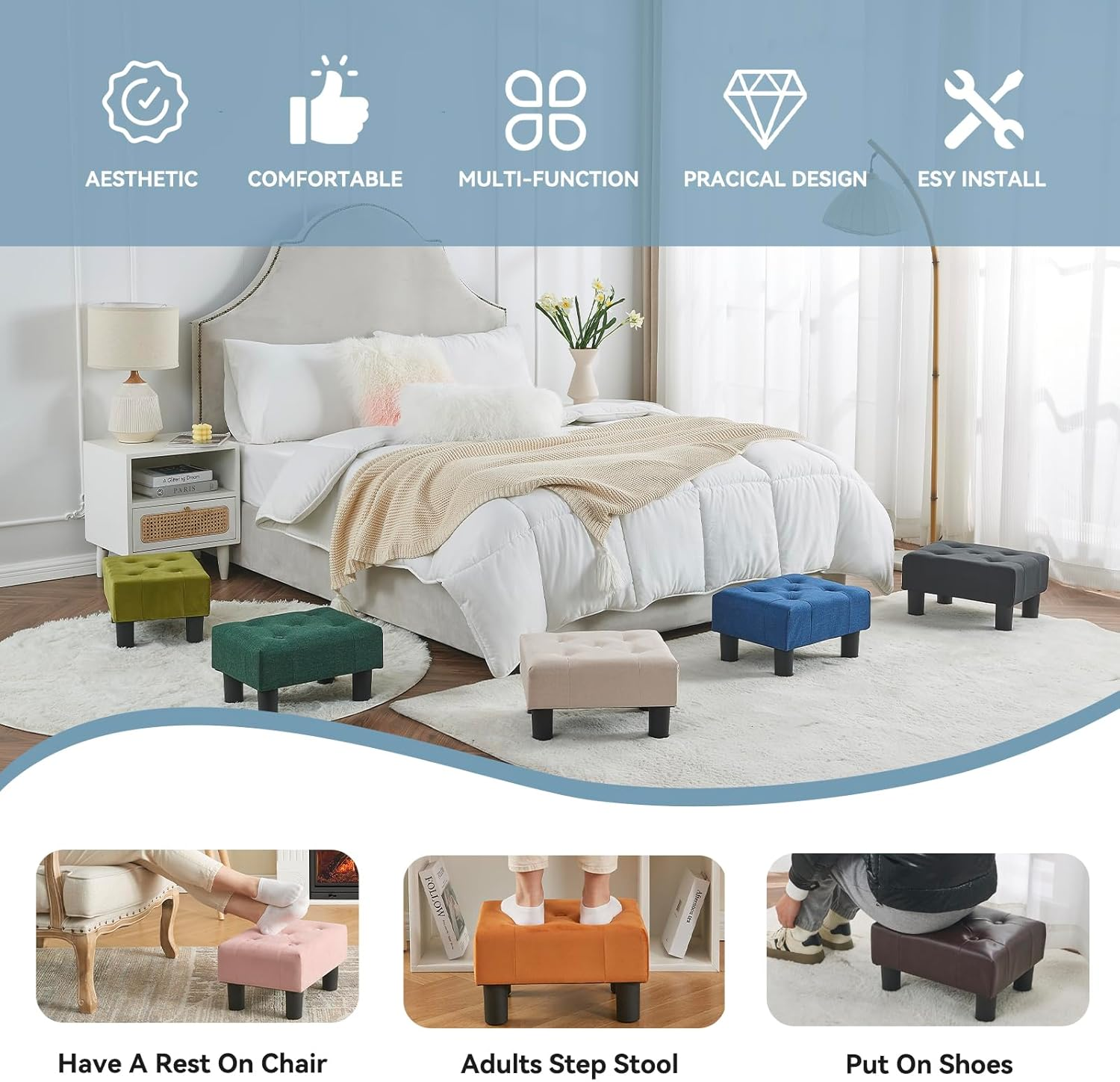 BRIAN & DANY Small Foot Stool Ottoman, Footstool with Legs, Foot Rest for Living Room, Bedroom and Office, Grey - Blue image number 7