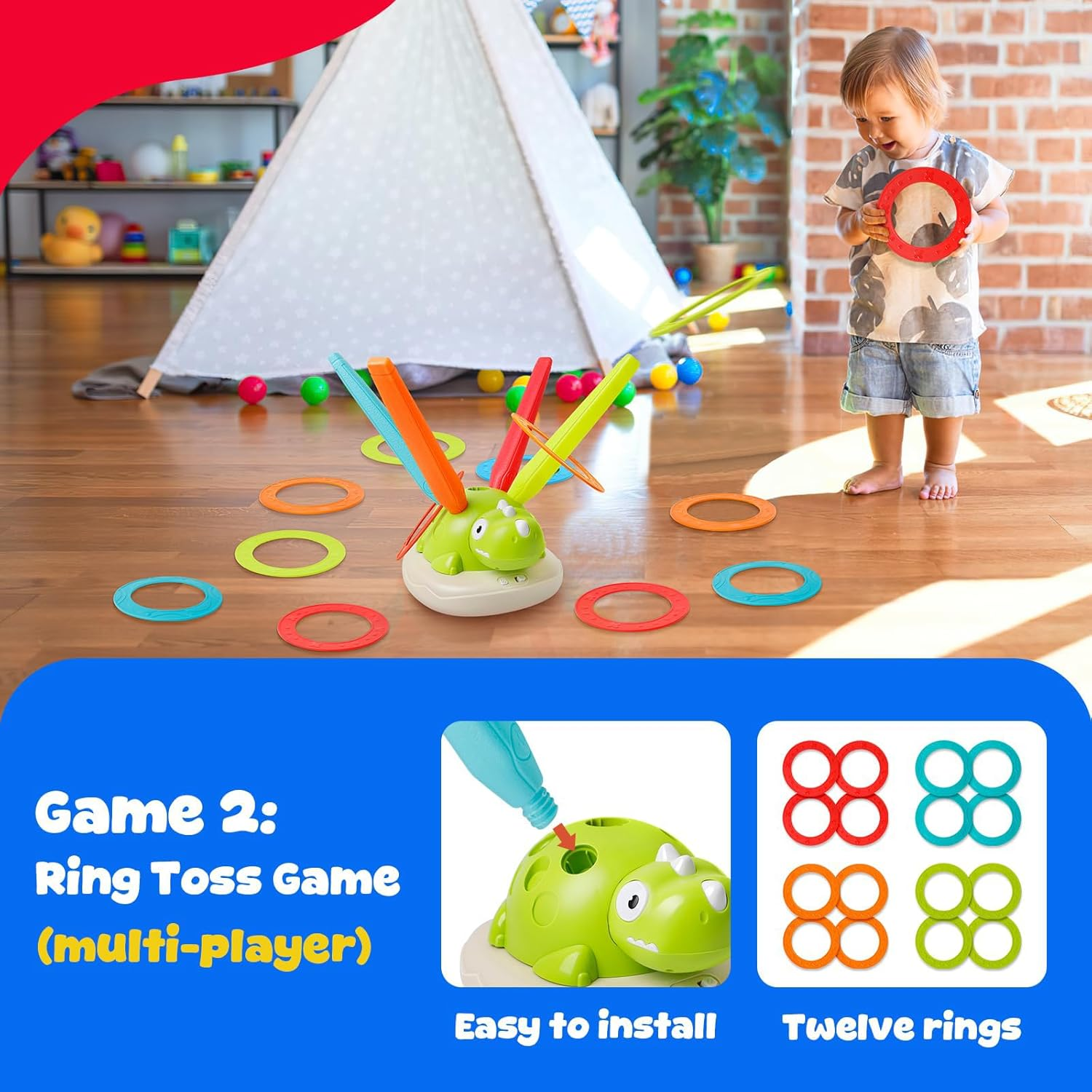 3 in 1 Dinosaur Rocket Launcher Toy &ndash; Musical Jump & Ring Toss Game for Kids image number 1