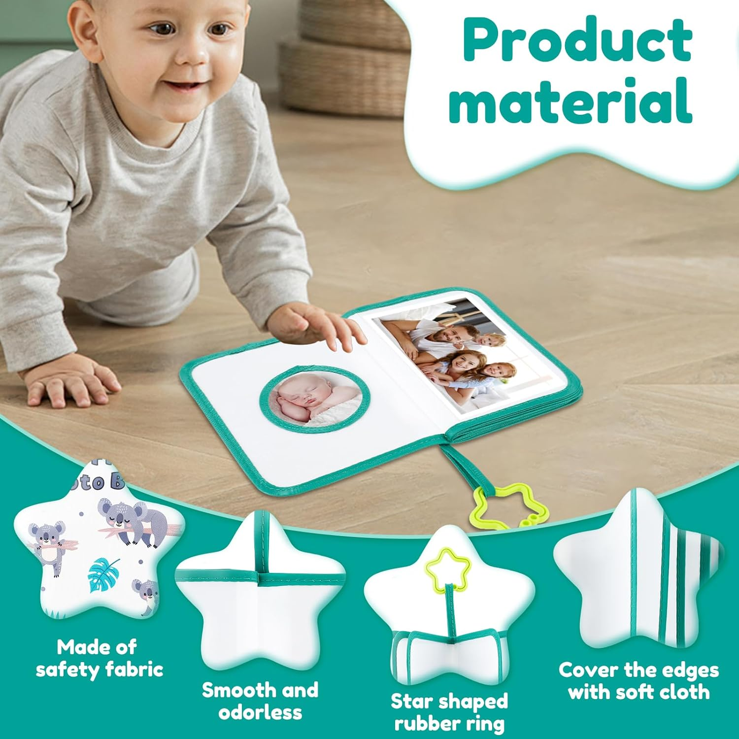 Soft Cloth Photo Book - Cloth My First Photo Book Free Illustration Baby Photo Album with Plastic Star Hook inside Smooth Page First Year Memory Album Safe Photo Album for Baby (Green) - Blue image number 5
