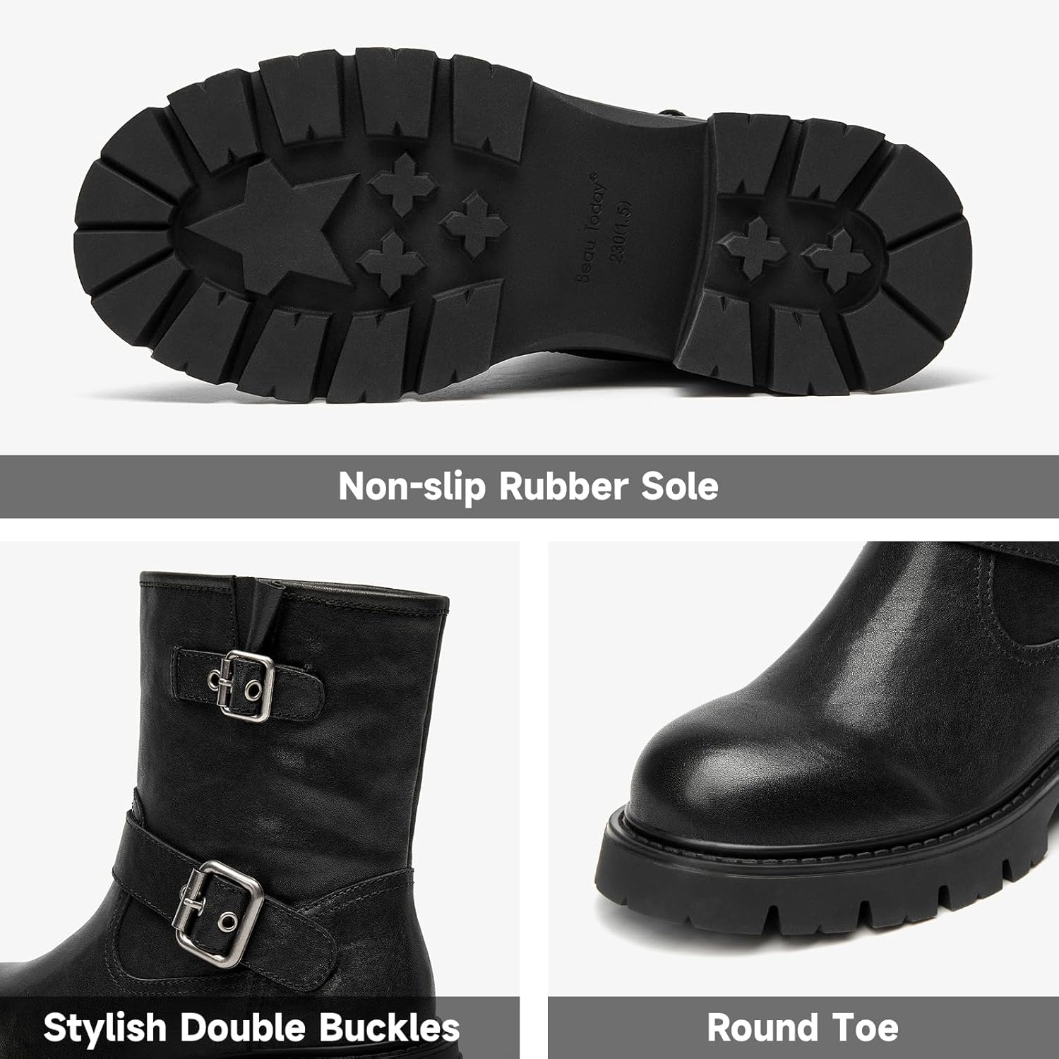 BEAU TODAY Ankle Boots for Women, Genuine Leather Platform Womens Short Boots, Chunky Low Heel Motorcycle Boots with Buckles, Fashion Dress Slip on Bike Booties