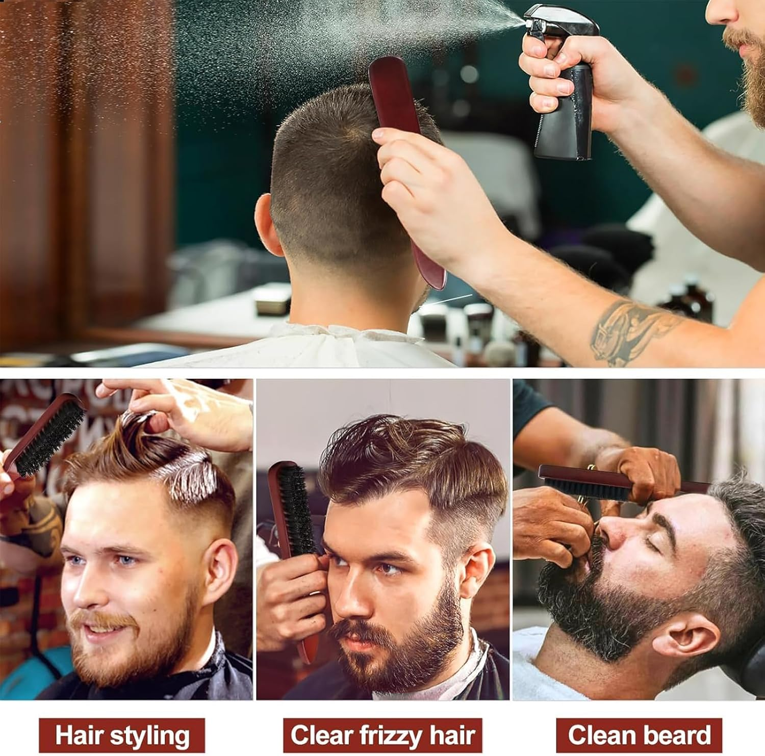 Kzvsiy 3 Pcs Boar Bristle Hair Brush Set, Detangling & Styling Combs for Hair and Beard, Soft round and Slick Back Combs with Eyebrow Brush for Men & Women image number 4