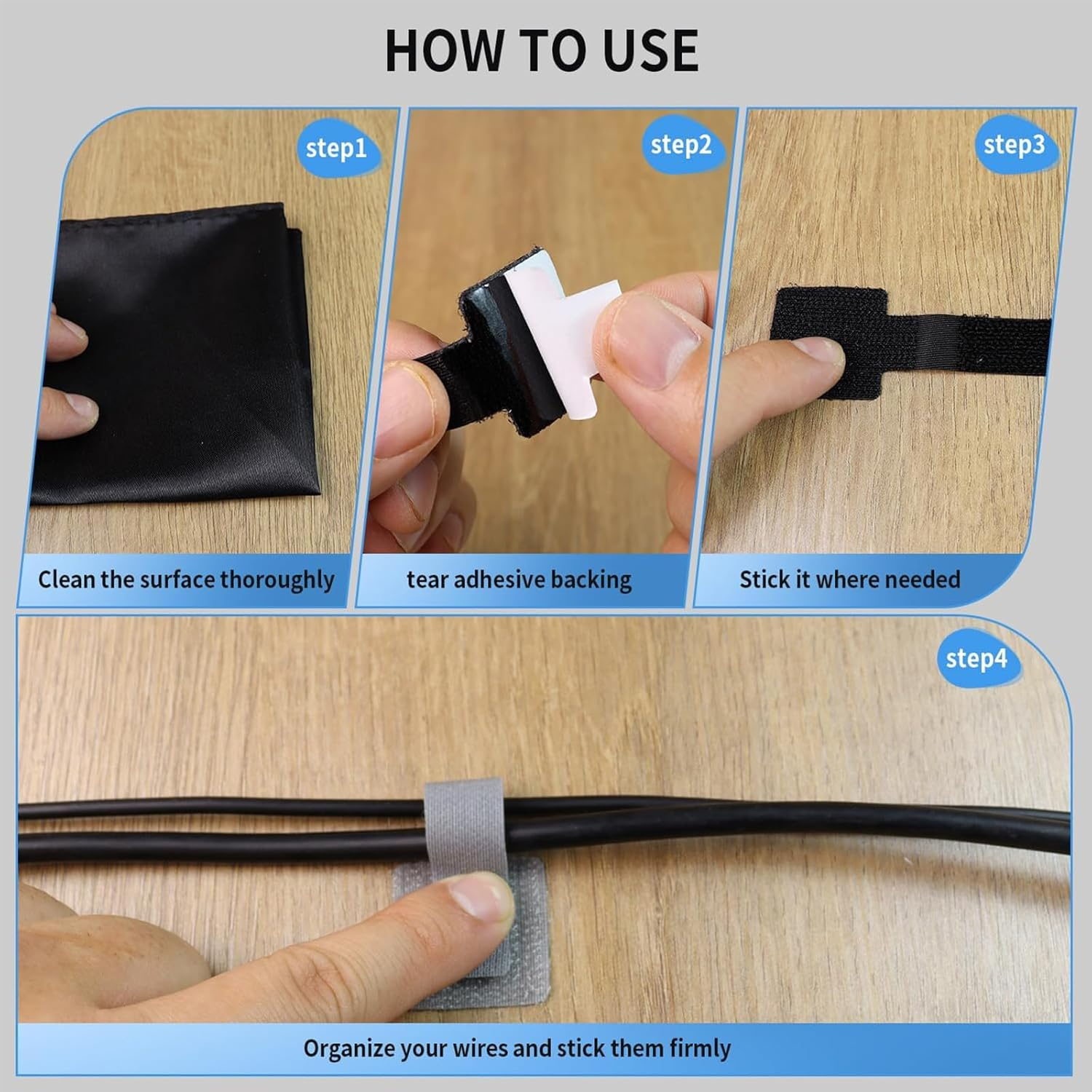 Zalizr 30 PCS Hook and Loop Cable Ties, Self-Adhesive Reusable Cord Organizers, Adjustable Cable Clips for Desk, Home, and Office Use (Black, Gray, White) image number 6