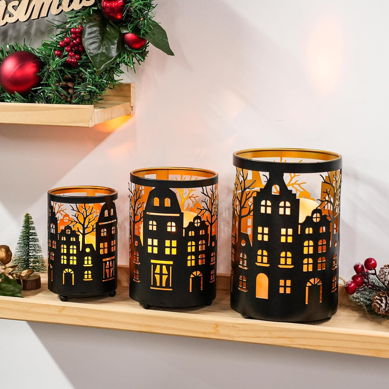 TRIROCKS Set of 3 Metal Candle Lanterns, Decorative Tealight Holders with Cutout House & Tree Design, Wind Lights for Indoor Outdoor Decor（Black Brushed Gold） image number 3