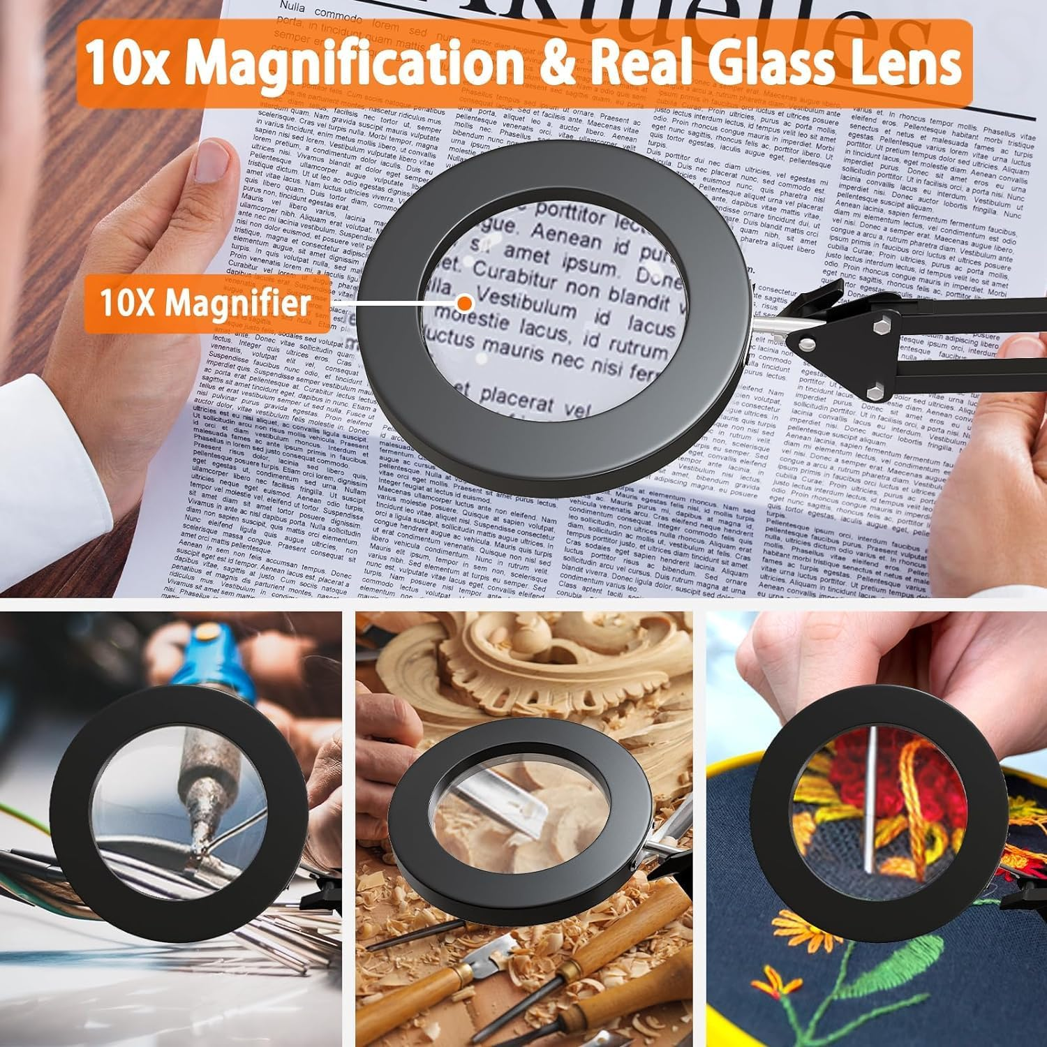 10X Magnifying Glass with Light and Stand, Magnifying Led Desk Lamp, Adjustable Color and Brightness Reading Light Ring Light for Repair, Crafts, Soldering (Black, Rectangle Base & Clamp) image number 4
