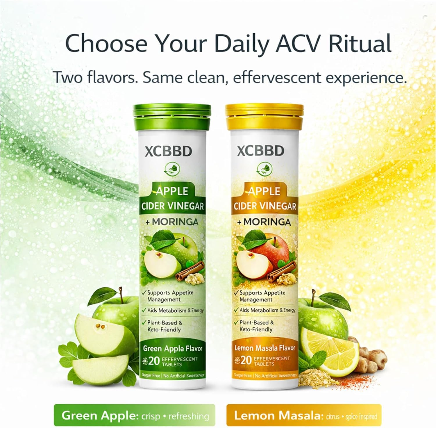 Apple Cider Vinegar + Moringa Effervescent Tablets &ndash; Green Apple & Lemon Masala Flavor Combo, Sugar Free ACV Drink Tablets, Plant-Based Daily Routine, 40 Tablets (2 Pack)
