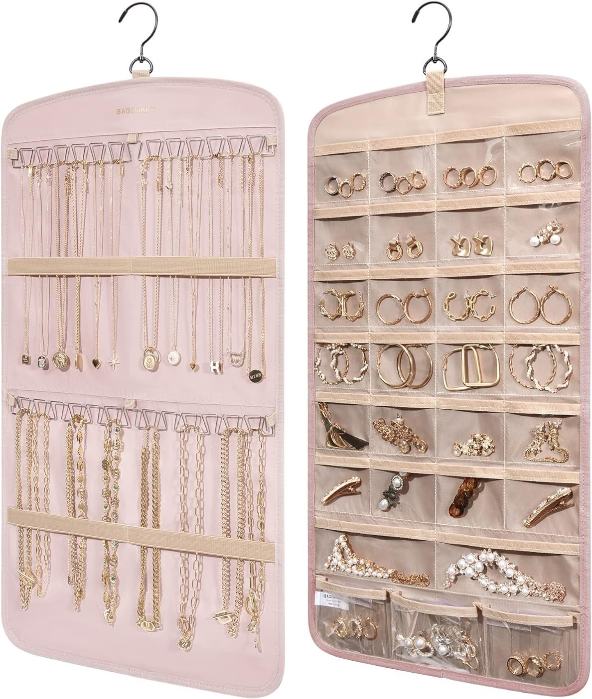 Hanging Jewelry Organizer with Rotating Metal Hook, 20 Pockets Earring Holder Organizer, Necklace Holder Anti-Tangle Earrings Rings Hanger, Double-Sided Jewelry Holder for Earrings Necklaces Ring (BK)