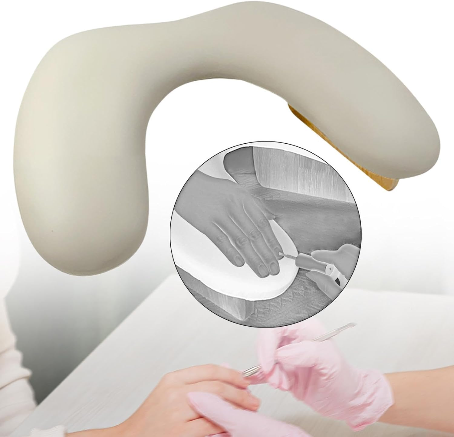 Eigell Nail Arm Rest Cushion Hand Cushion Wooden Base Portable Built in Sponge Palm Rest Holder for Manicurist Home Women Nail Salon, Light Brown image number 1