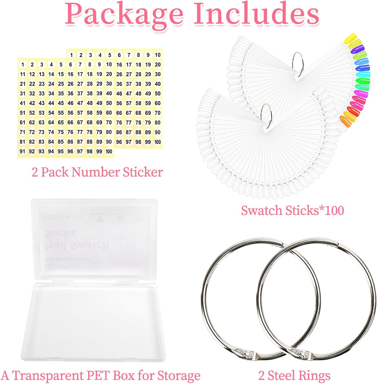 BQAN 100Pcs Nail Swatch Sticks with Ring, Nails Art Display/Practice Sticks for Nail Polish Display Tips image number 1