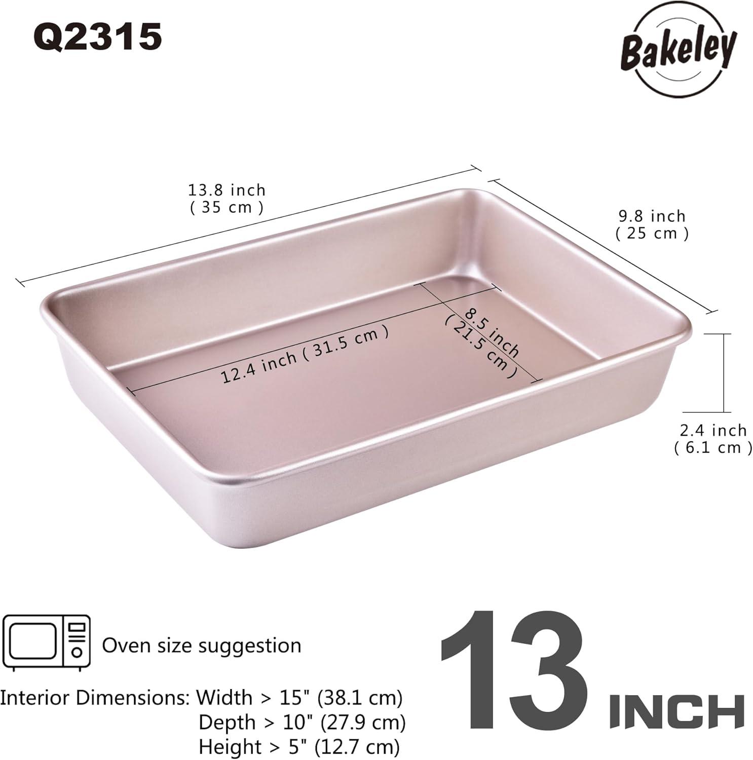 13-Inch Rectangle Cake Pan, Non-Stick Loaf Pan Deep Dish Bakeware for Oven Roasting Meat Bread Jelly Roll Battenberg Pizzas Pastries 34.8Cm X24.8Cm X 6Cm (Champagne Gold) image number 1