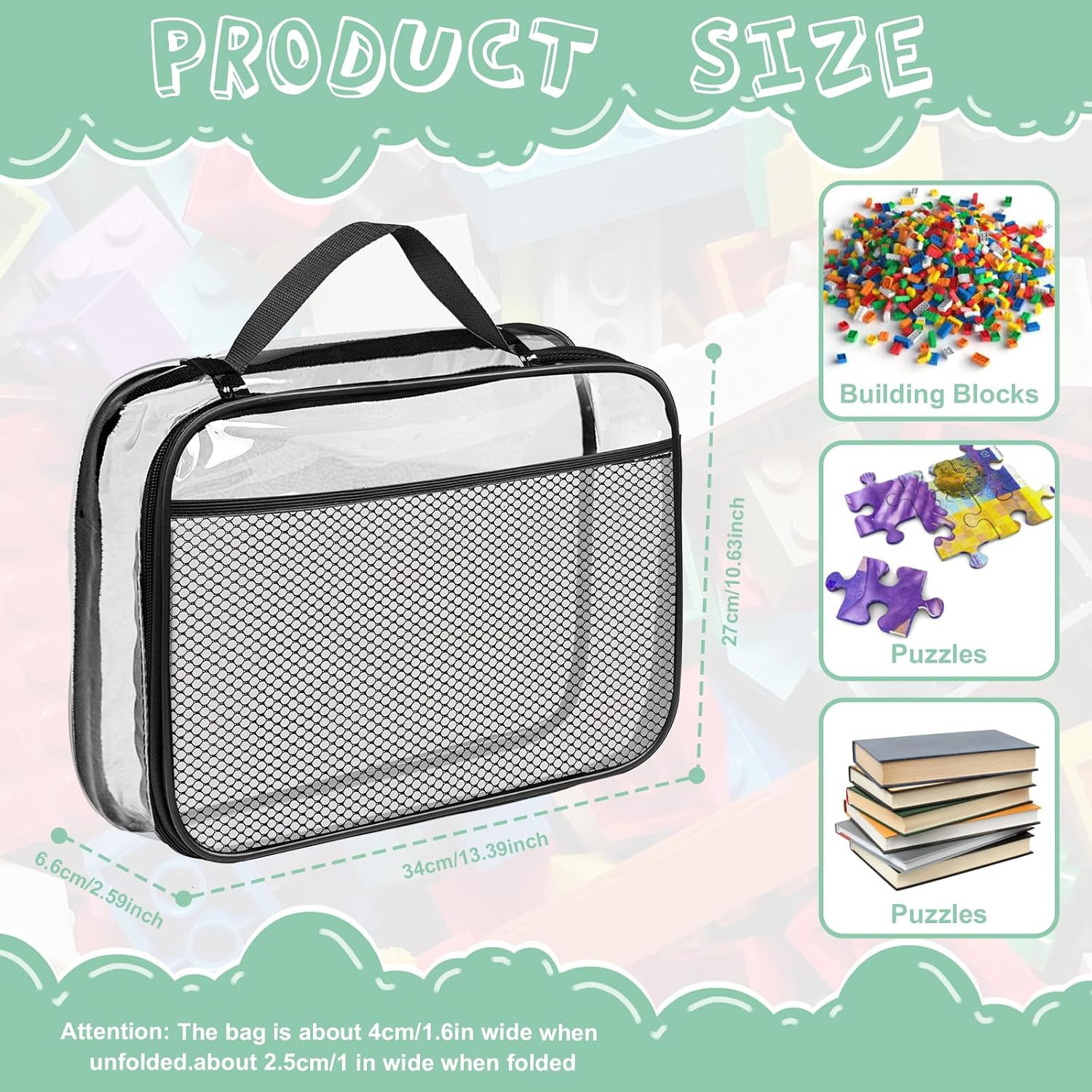 VERONLY 4 Packs PVC Toy Zippered Blocks, 13.3"X3" X10.4" Travel Storage Case Bags for Organizing, Waterproof Toy Storage Bags with Mesh Pockets for Building Blocks, Puzzles, Clays,Toy Cars (Black) - L-Pink image number 3