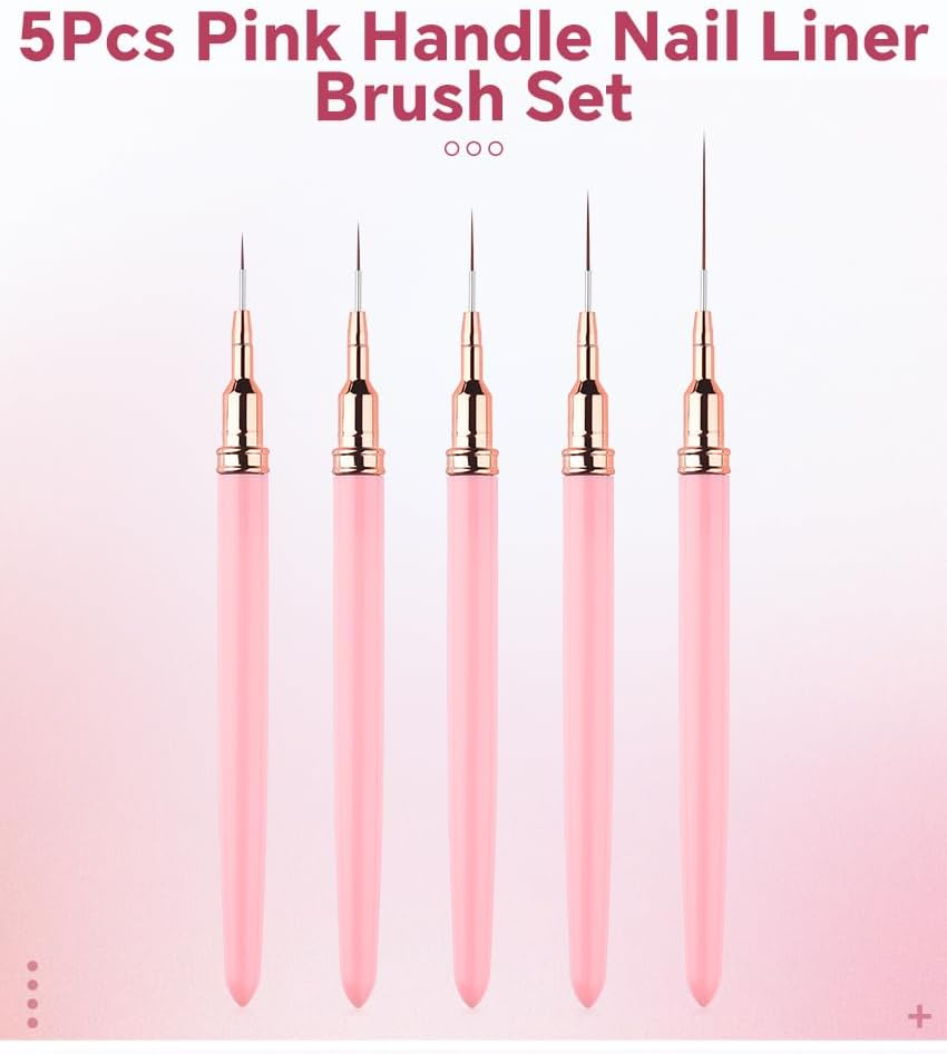 Rolabling 5PCS Nail Art Brushes for Gel Polish Metal Handle Detailing Brush Set (7/9/12/15/25Mm) Ultra Thin Liner Dotting & Striping Brushes for Nail Design, Manicure Tools for Salon & Home Use