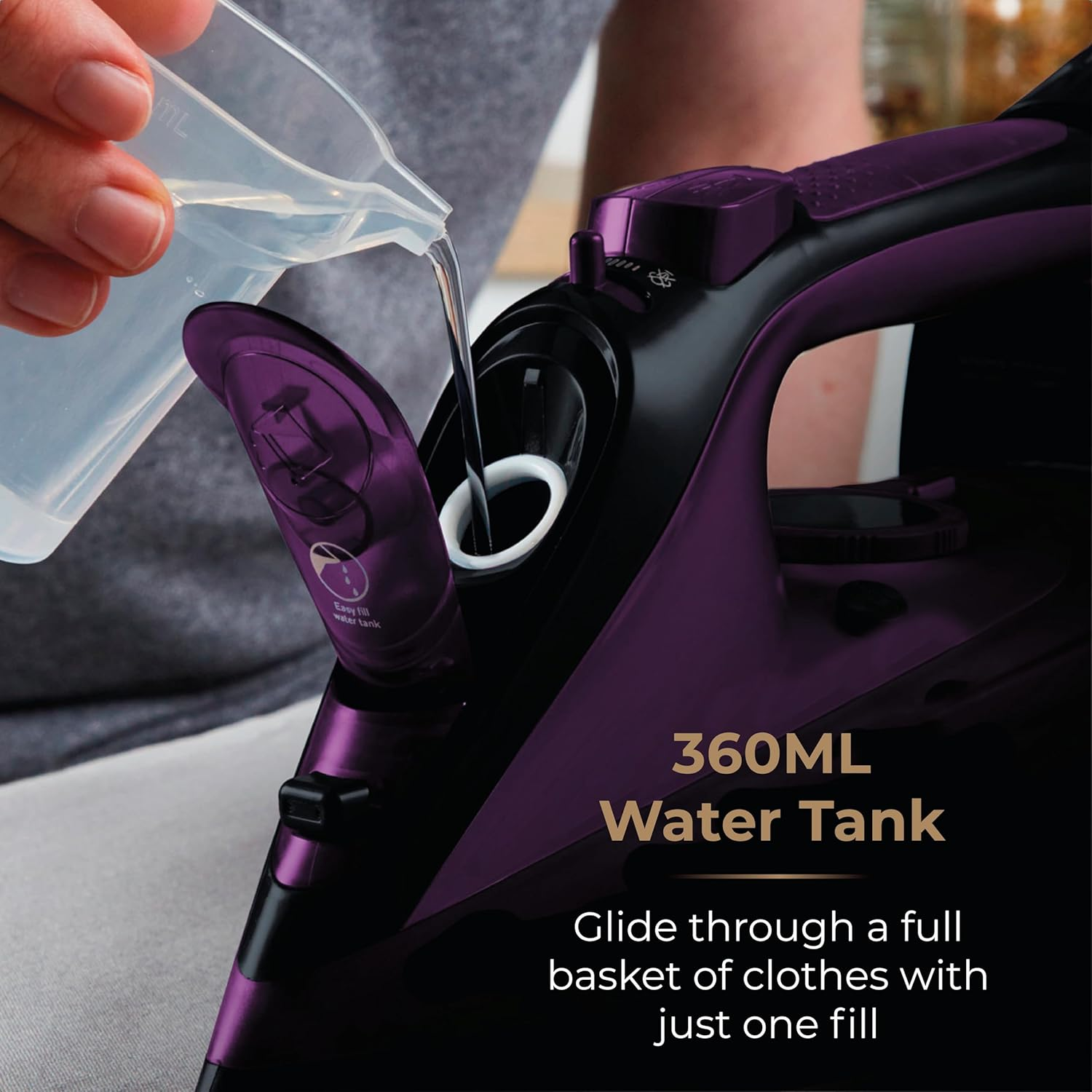 Tower T22008 Ceraglide 2-In-1 Cord or Cordless Steam Iron with Non-Stick Ceramic Soleplate, 160G Steam Boost, anti Drip, anti Scale, anti Calc and Self Cleaning Functions, 2400 W, Purple - Black, Purple image number 2