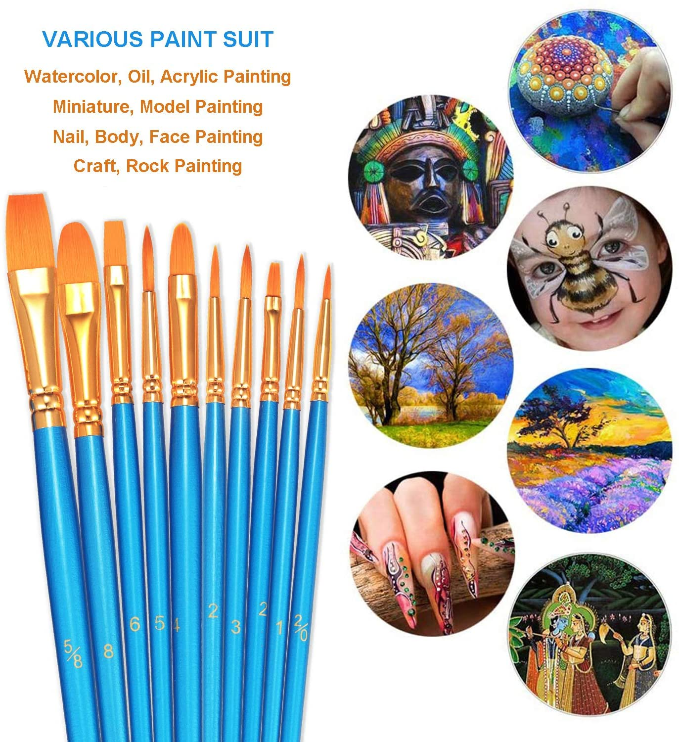 BOSOBO Paint Brushes Set, 2 Pack 20 Pcs round Pointed Tip Paintbrushes Nylon Hair Artist Acrylic Paint Brushes for Acrylic Oil Watercolor, Face Nail Art, Miniature Detailing & Rock Painting, Blue