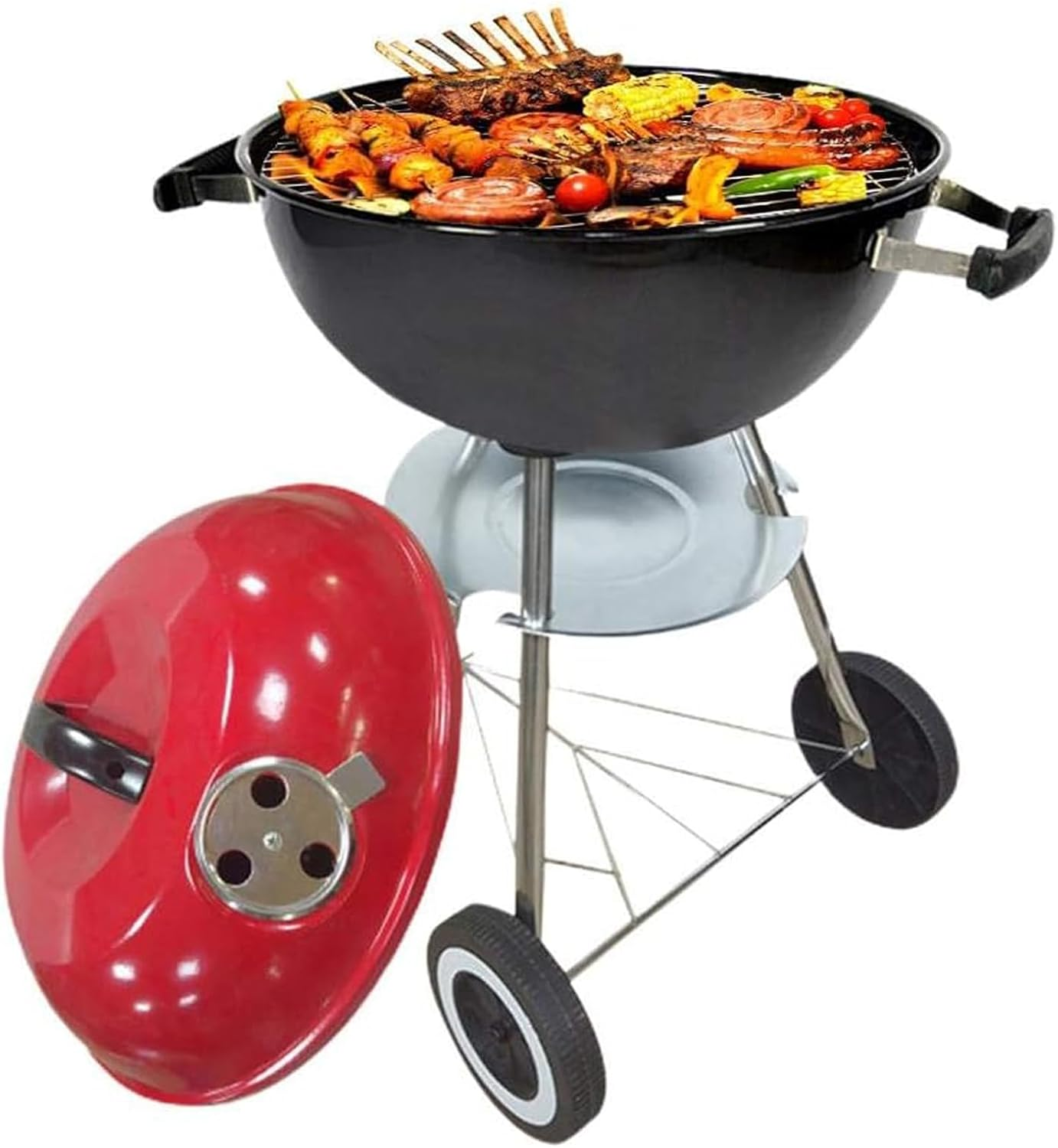 Charcoal Grill with Wheels and Storage Holder, Stainless Steel Portable BBQ Grill for Camping, Picnic, Barbecue, Party, Outdoor Activities,Red (BBQ Grill) image number 5