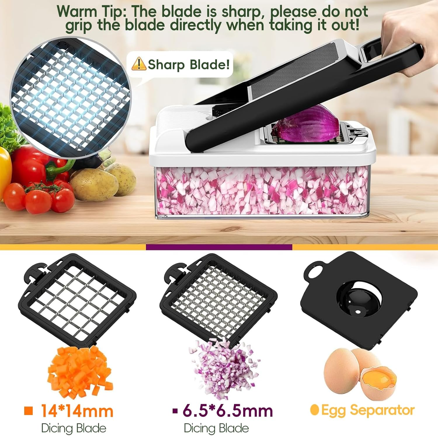 DULCE DOM 15-In-1 Vegetable Chopper, 7 Blades Veggie Chopper with Container and Lid, Dicer, Slicer, Multifunctional Kitchen Gadgets, Vegetable Cutter with Handle Onion Cutter image number 6