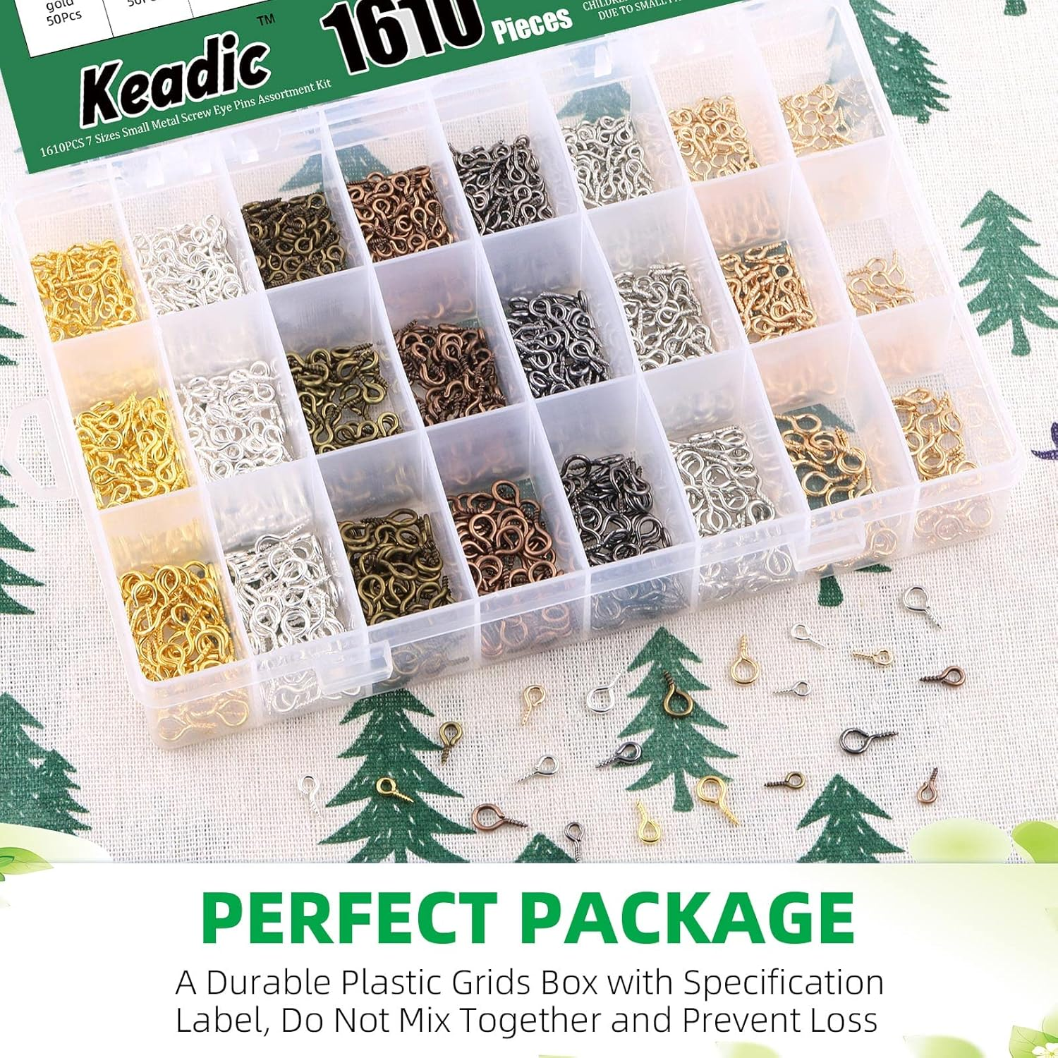 Keadic 1610Pcs 7 Color Small Screw Eye Pins Size Assorted Set, Metal Mini Eyelet Screw Threaded Clasps Hooks for DIY Charm Pendants Jewelry Making (0.16&rdquo; X 0.32&rdquo;, 0.2&rdquo; X 0.39&rdquo;, 0.24&rdquo; X 0.5&rdquo;)
