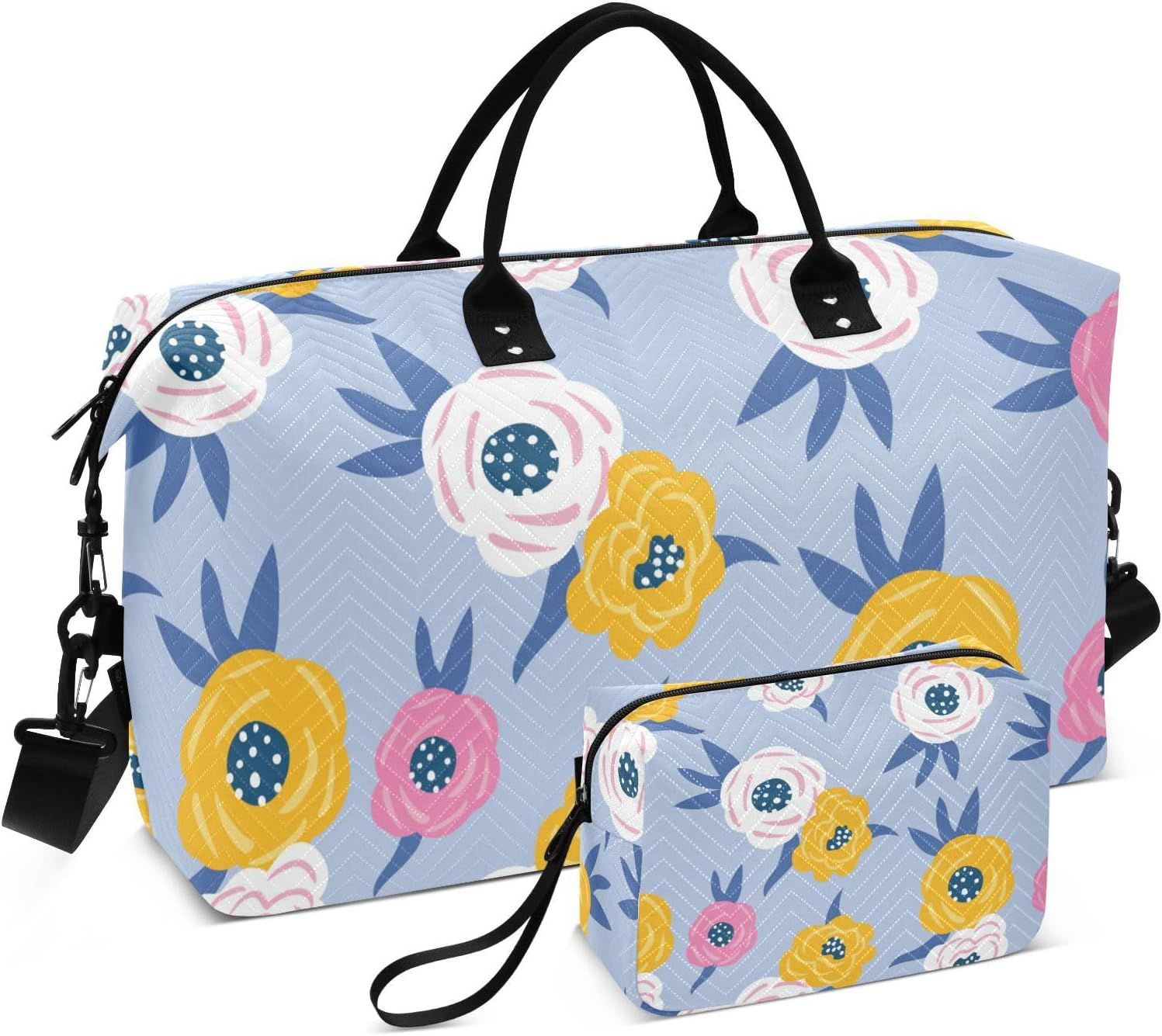 Fun Floral Blue Travel Bag Travel Weekender Gear Bag Tote Bag with Adjustable Strap for Trip 2 Pcs Set, Fun Floral Blue, One Size, Fun Floral Blue, One Size image number 2