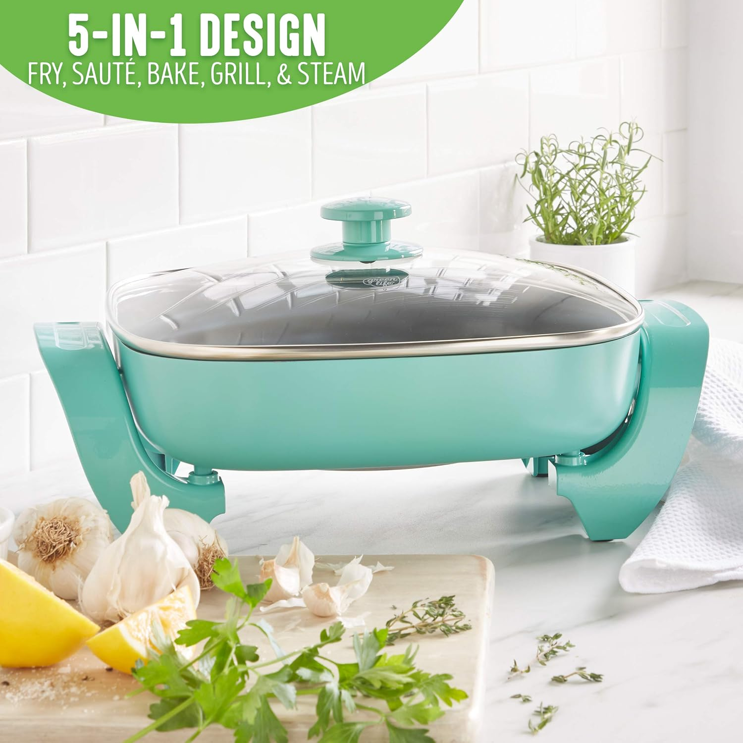 Greenlife 12" 5QT Square Electric Frypan, Glass Vented Lid, Ceramic Pfas-Free Nonstick Interior, Adjustable Temperature Control, Cool Touch Handles, Quick Even Heating, Scratch Resistant, Turquoise image number 2