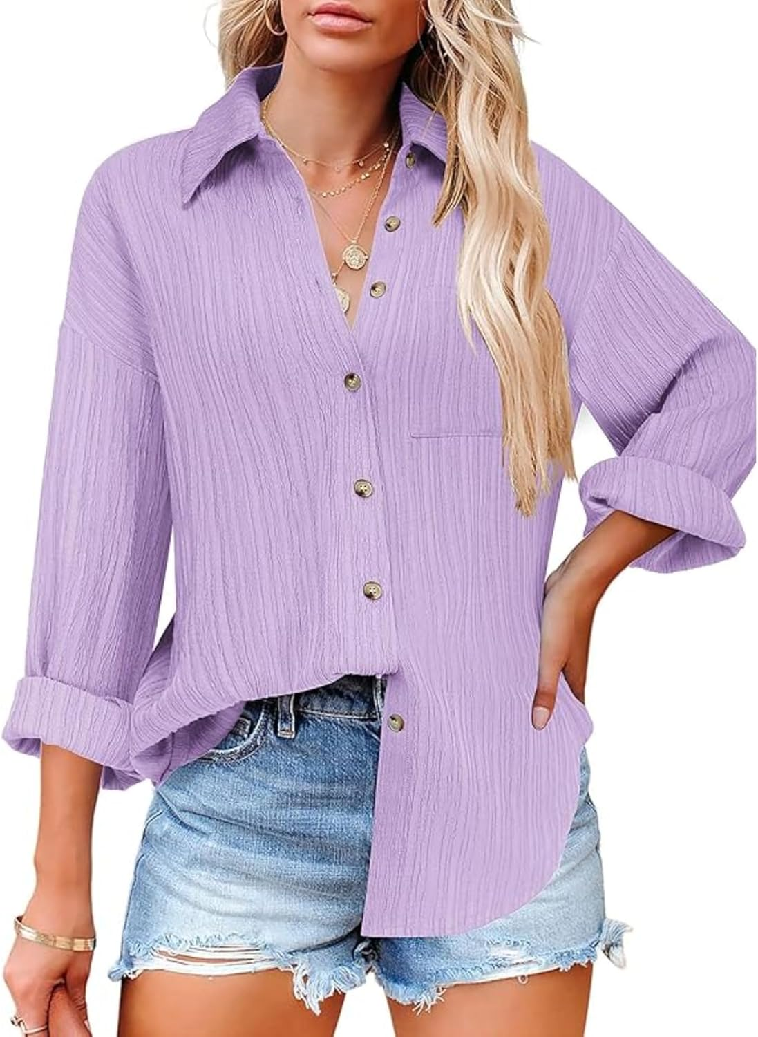Womens'S Long Sleeve Work Blouses Tops with Pocket Button down Shirts Dress V Neck Casual Solid Long Sleeve image number 3